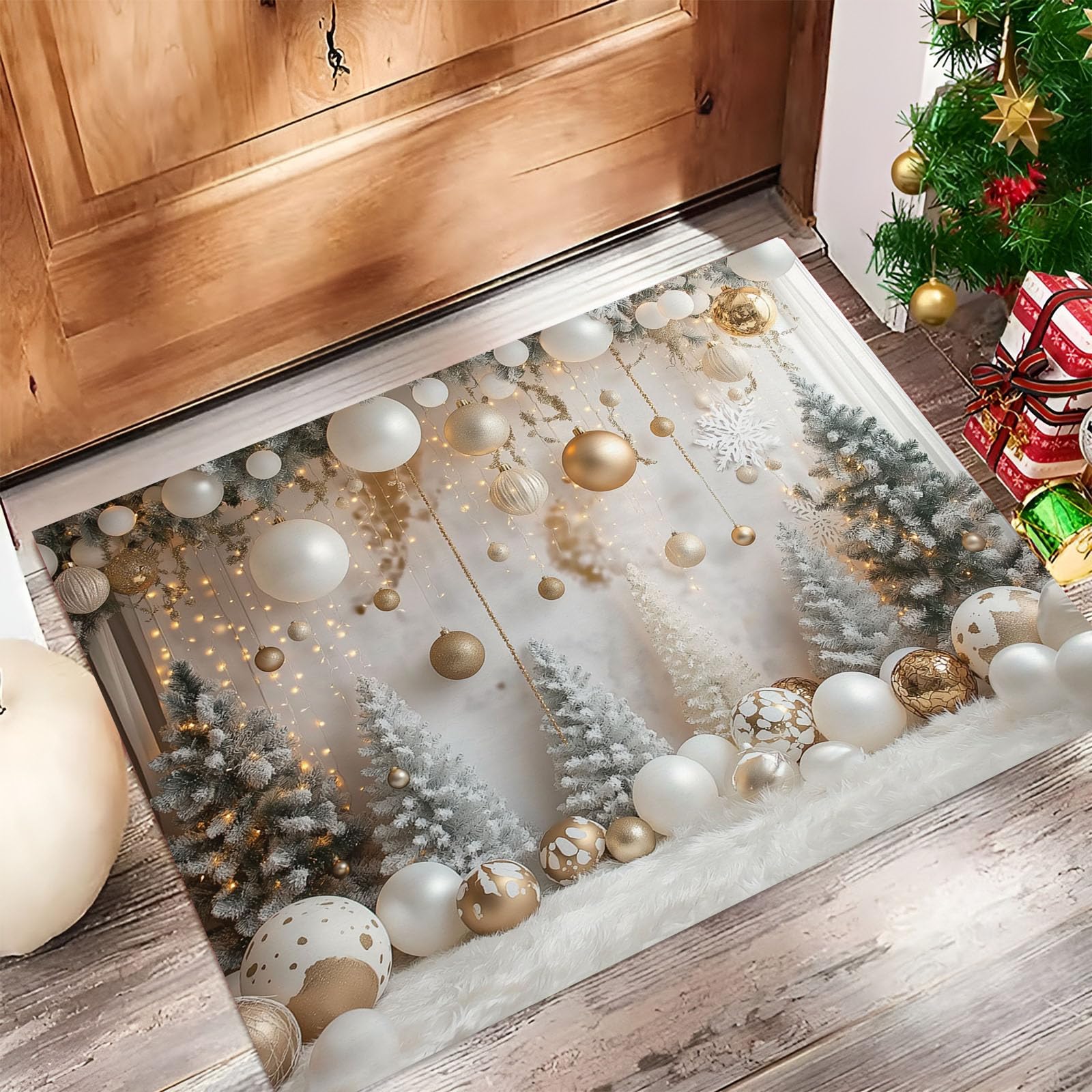 Paillasson de Noël 60 x 90 cm blanc avec sapin et lumières colorées