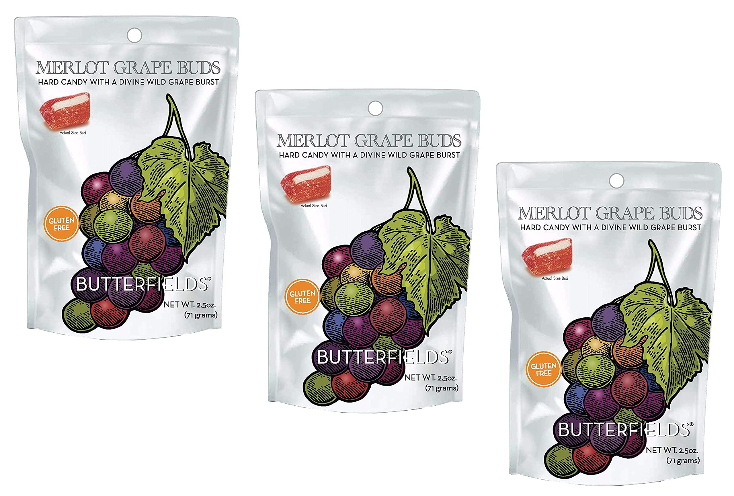 Butterfields Candy - Gourmet, Old-Fashioned MUSCADINE/MERLOT GRAPE Buds Hard Candy | Gluten Free | Made with 100% Real, Pure Cane Sugar | Handcrafted in the USA- 2.5 oz (3-Pack)