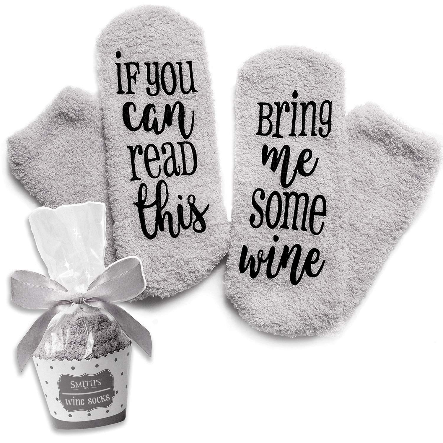 Smith's 2015 Grey (One Size Fits All) “If You Can Read This Bring Me Some Wine” Socks With Cupcake Gift Packaging By Smith's® | (Colour: Grey)