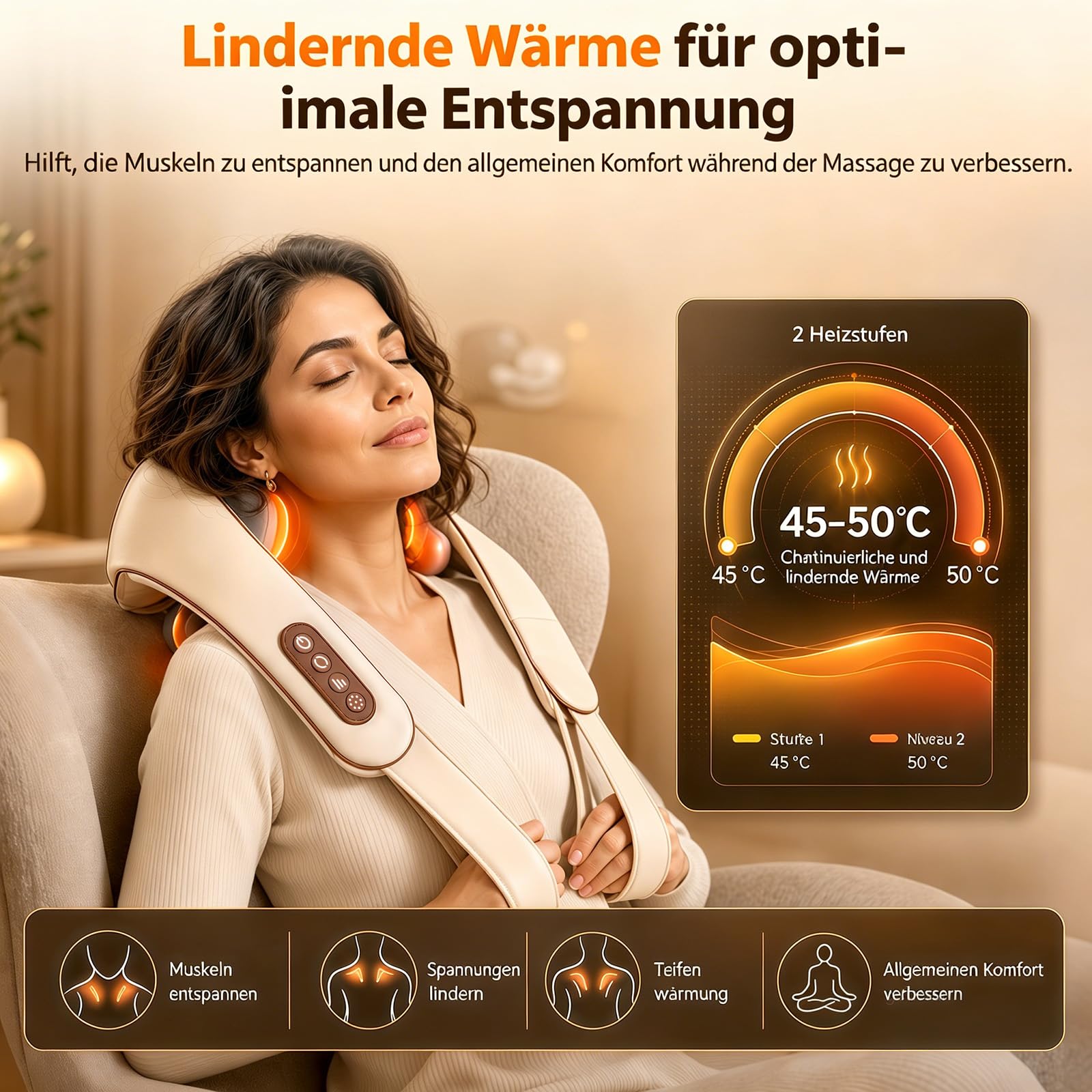 Elektrische Nackenmassagegeräte, Shiatsu Neck Massager Nackenmassagegerät Kabellos mit Wärme Tief Kneten Massage Kissen Geschenke für Nacken Schulter Rücken Frauen Männer