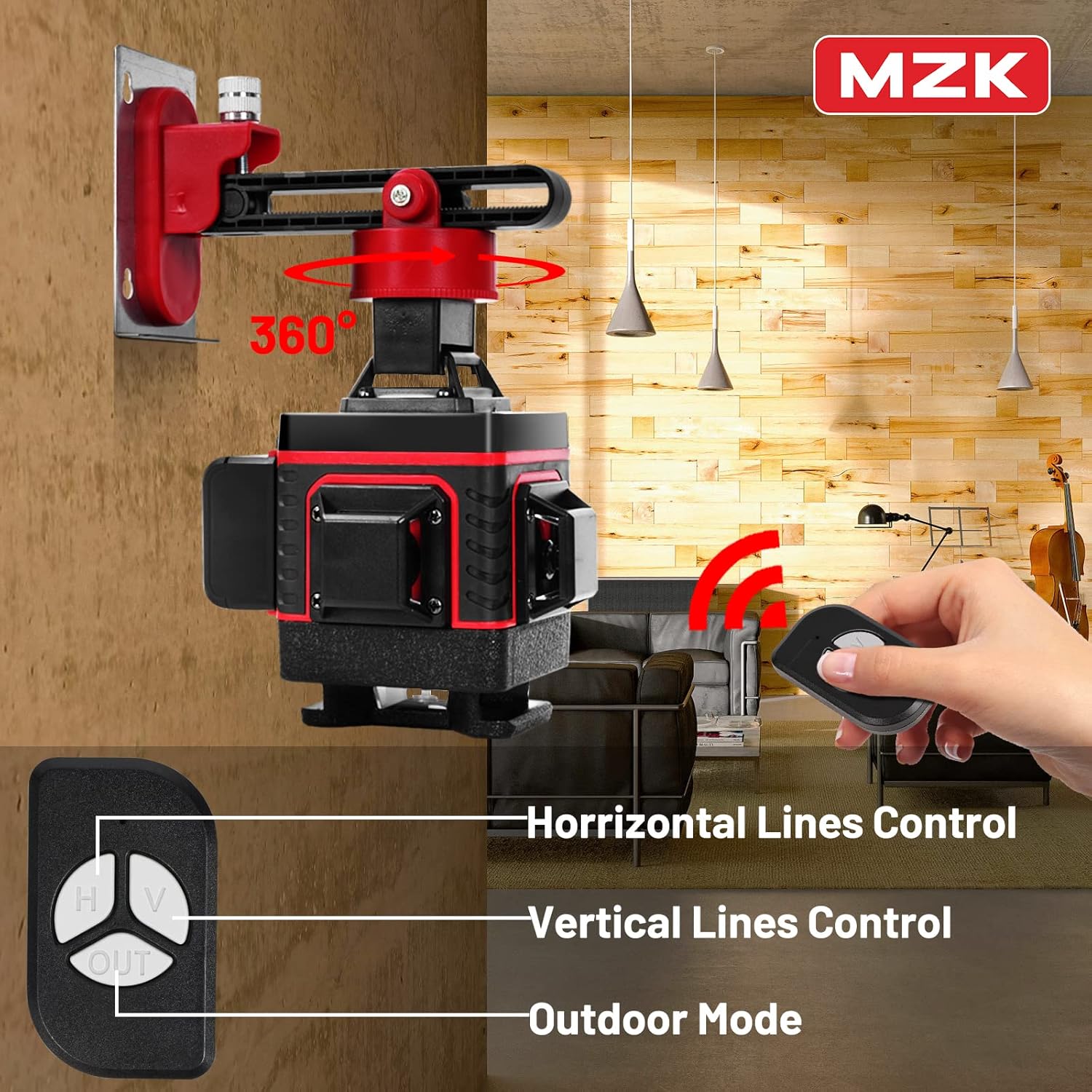 MZK 4x360° Laser Level Self Leveling Class 2), 1mw Output Laser Level, 4D Green Cross Line for Construction and Picture Hanging w/ Pulse Mode & Remote Controller - - 