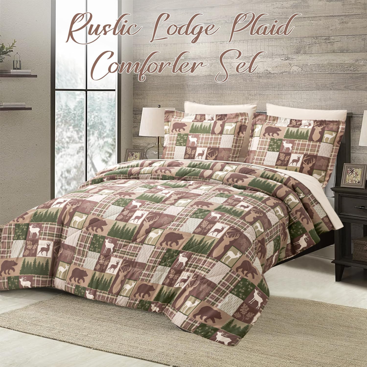 Comforter Set Queen Size Bear Moose Plaid Comforter Bedding-7 Piece Bed in a Bag,Soft Reversible Patchwork Microfiber Bedding Set (1 Comforter,1 Flat Sheet,1 Fitted Sheet,2 Pillowcases,2 Pillow Shams) - Image 2