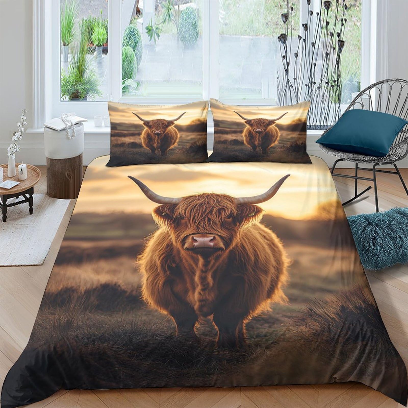 Ctjqhvkz Style-2 3D Printed Highland Cow Fitted Sheet Microfiber Soft Brown Sunset Landscape Mattress Cover For Bedroom Dorm Decor Single（135X200cm）