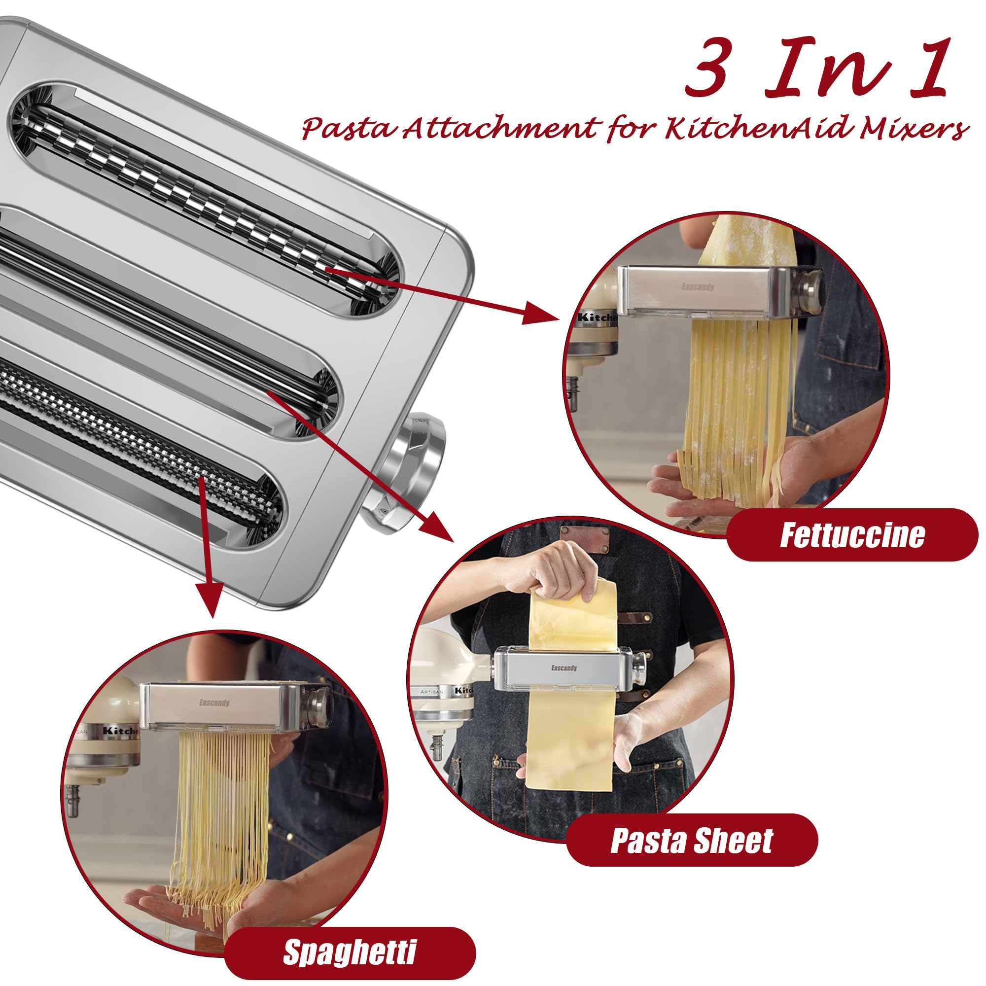 Accessoire pour machine à pâtes en métal pour KitchenAid, accessoire 3 en 1 pour robot pâtissier KitchenAid, épaisseur réglable sur 8 niveaux