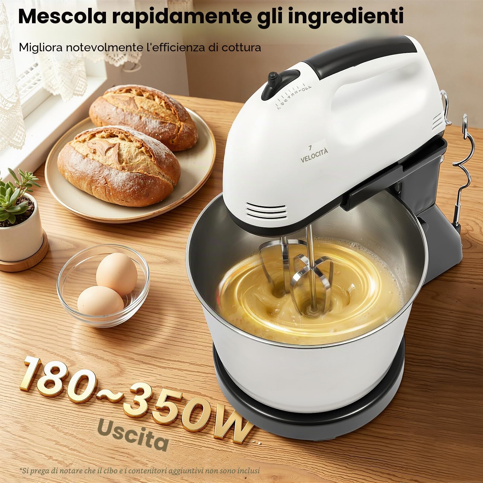 Macchina da cucina da 100 W, impastatrice con ciotola in acciaio inox da 1,7 l, 7 velocità, con 2 frullatori, robot da cucina per impasto del pane