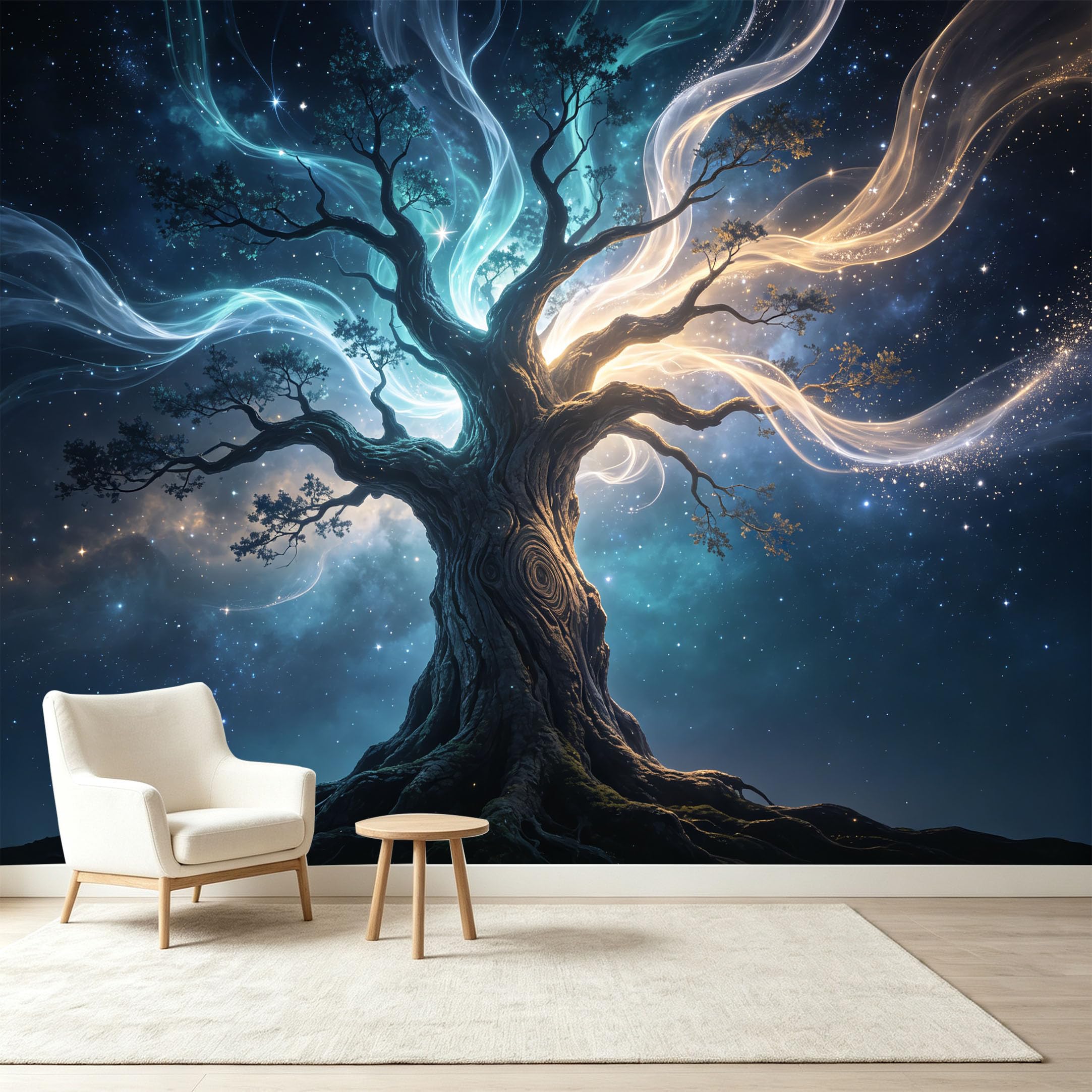 Custom Size Wall Murals Cosmic Ancient Tree Nebula Energy Starry Night Sky Self-Adhesive Wall Fabric Removable Wallpaper Wall Decor for Living Room Bedroom Bathroom