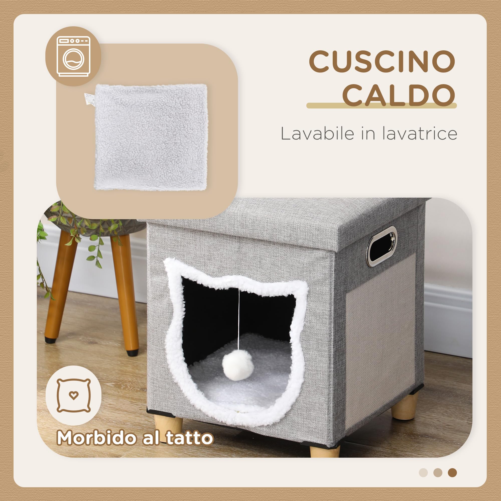 PawHut Casetta per Gatti con Tappetino Tiragraffi, Cuscino Lavabile e Pallina Giocattolo, Cuccia Gatti in MDF, Tessuto Effetto Lino, Peluche e Sisal, 35.5x35.5x42.5 cm, Crema e Grigio