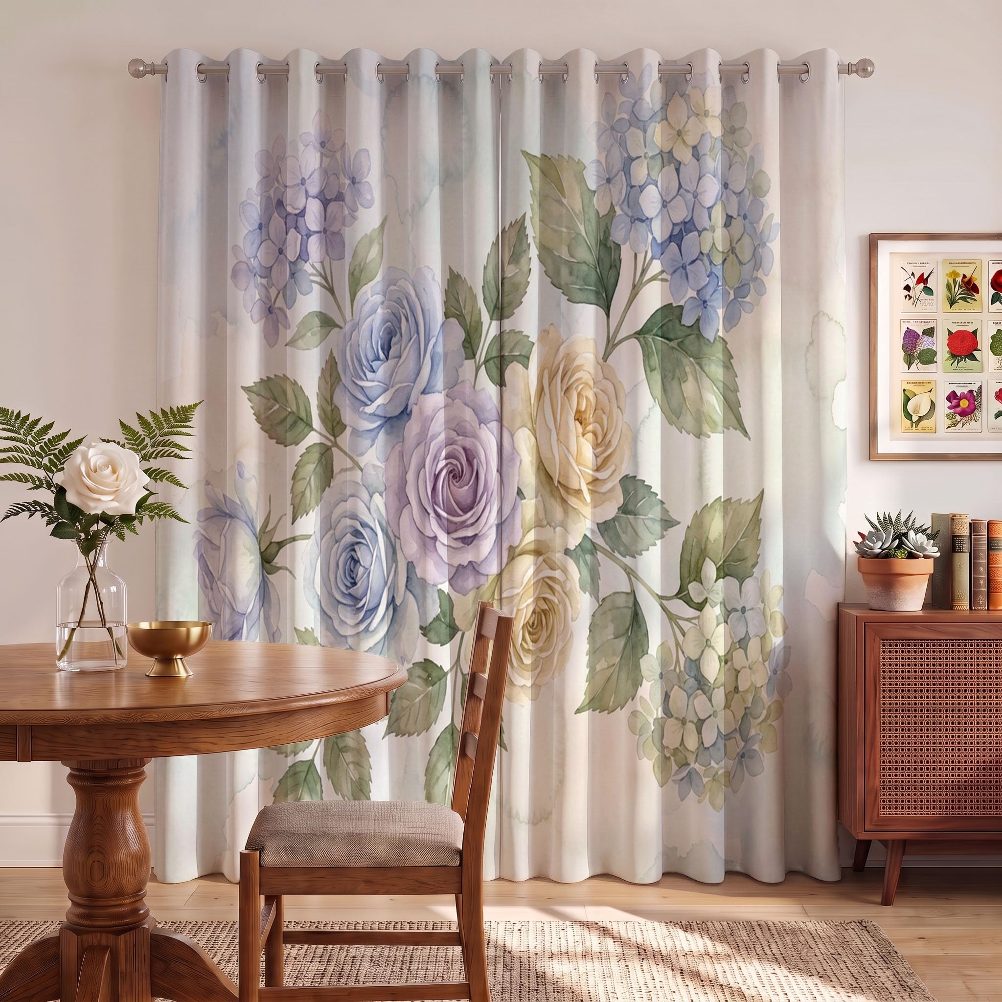 Verdunkelungsvorhänge mit Frische Aquarellblumen, 2 Paneele, Rosenhortensie, Vorhänge für Schlafzimmer, Wohnzimmer, lichtblockierende Thermovorhänge, Hellblau, 137 x 117 cm