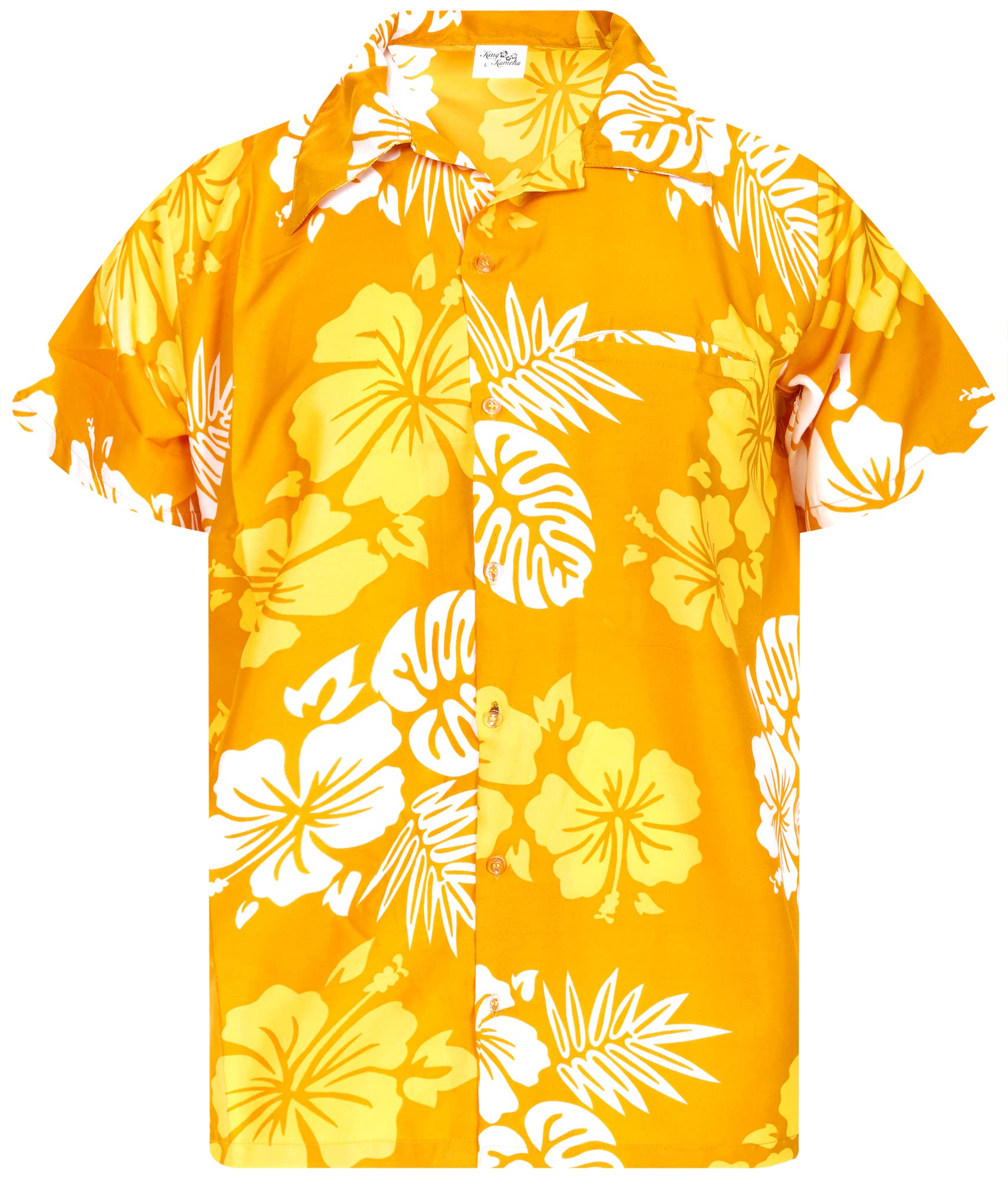 King Kameha Floral Hawaiian Shirt for Men – Tropical Men’s Hawaiian Shirt Short Sleeve, Mono-Hibiscus, Yellow-White, M