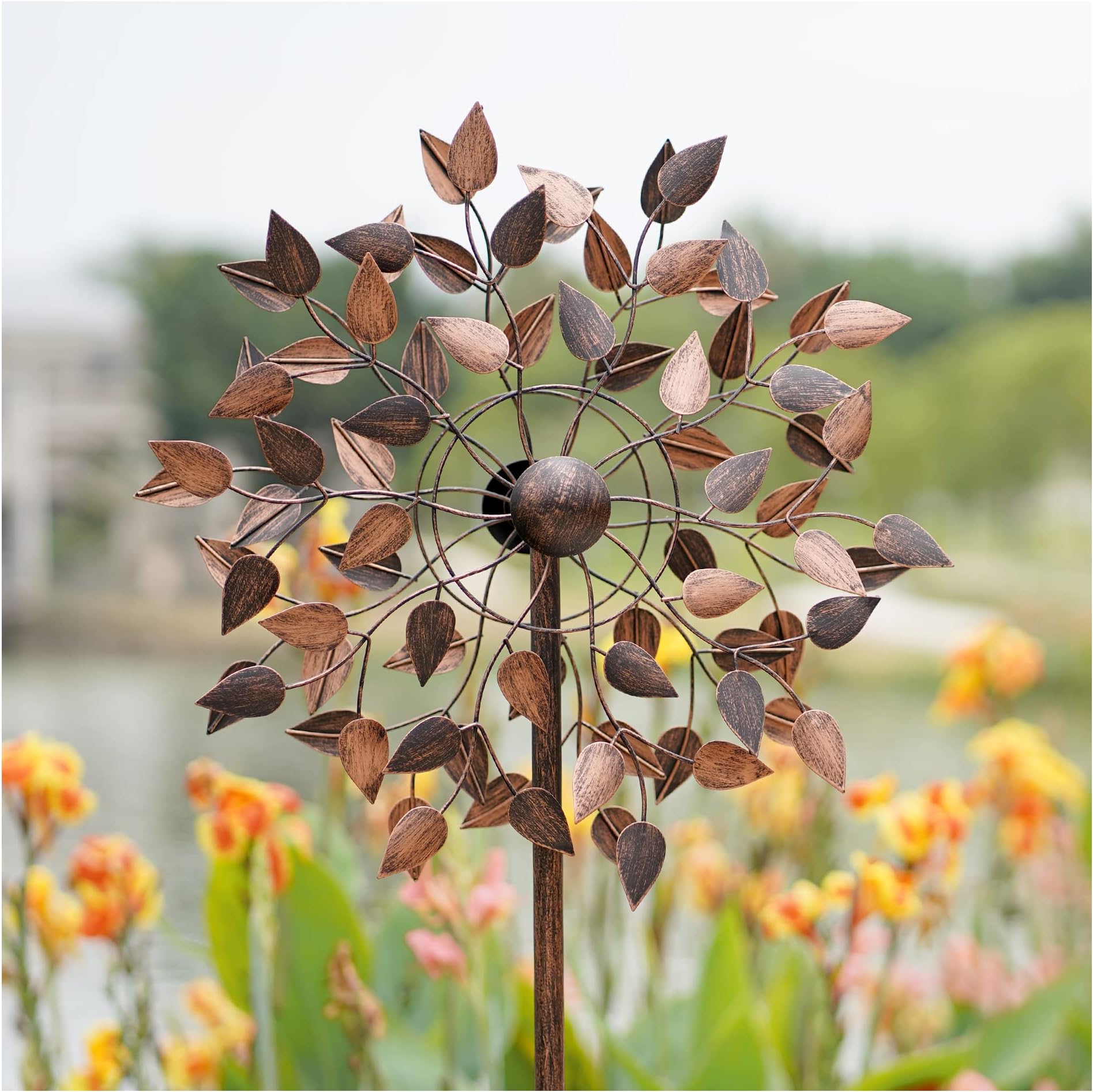 Yard Garden Wind Spinners - Large Wind Spinners Outdoor Metal, Kinetic Lawn Patio Wind Sculptures Windmill Decor (Copper Leaves, 23" W x 84" H)