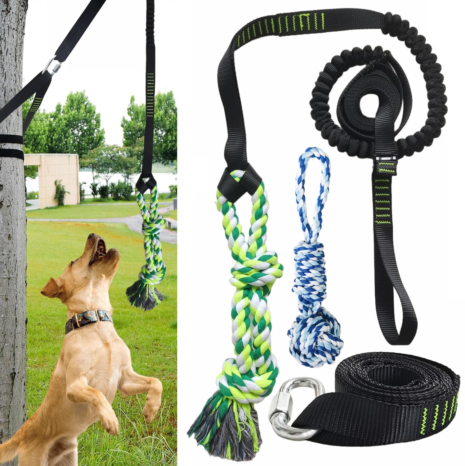 Giocattolo elastico per cani da solo appeso all'albero, giocattolo interattivo per tiro alla fune per cani di piccola e grande taglia, corda da tirare con 2 giocattoli in corda per cani