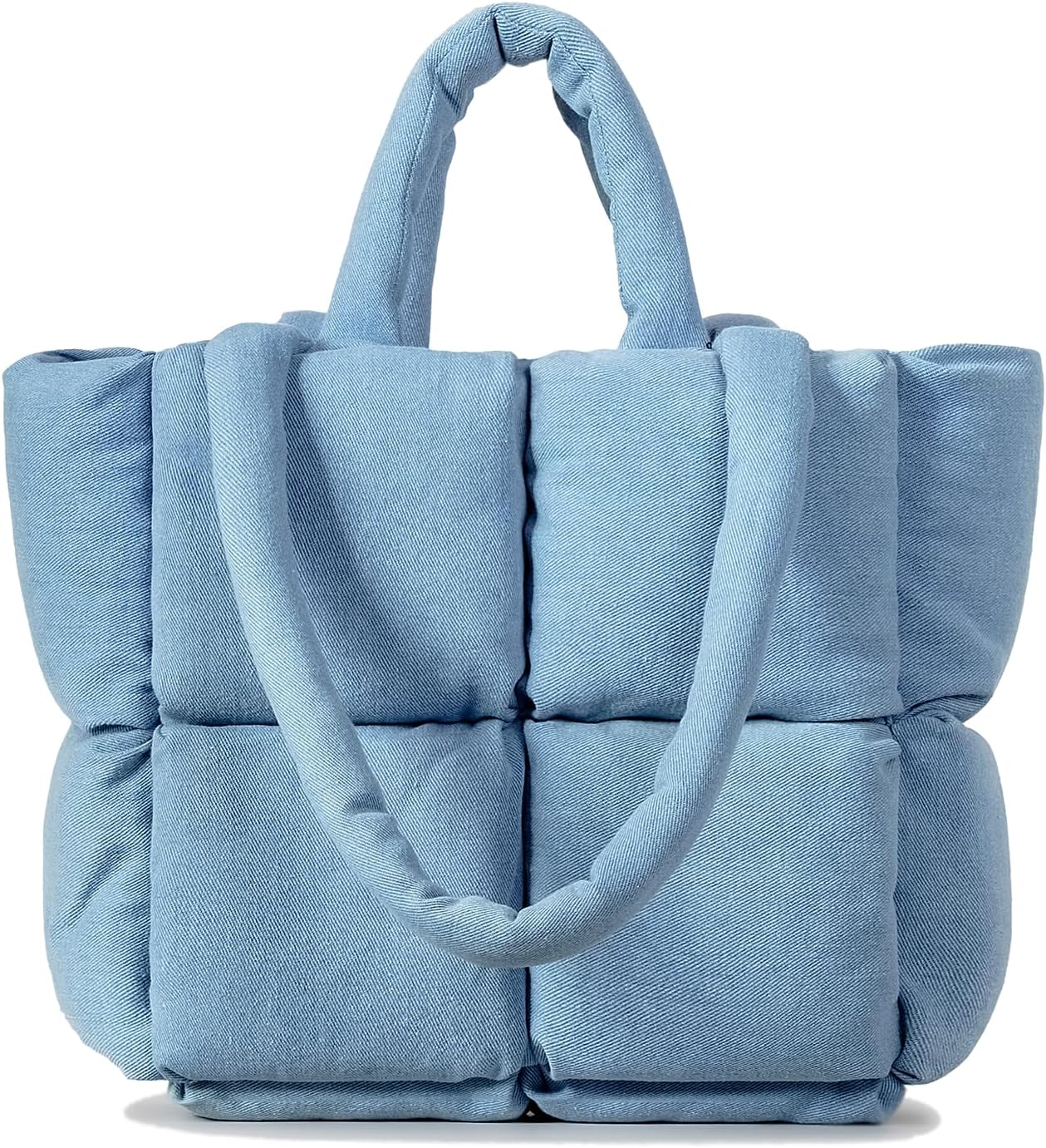 Denim Puffer Tote Bag for Women- Soft Lightweight Padded Pillow Bag Jean Purse, Trendy Waterproof Handbags Puffy Shoulder Bag