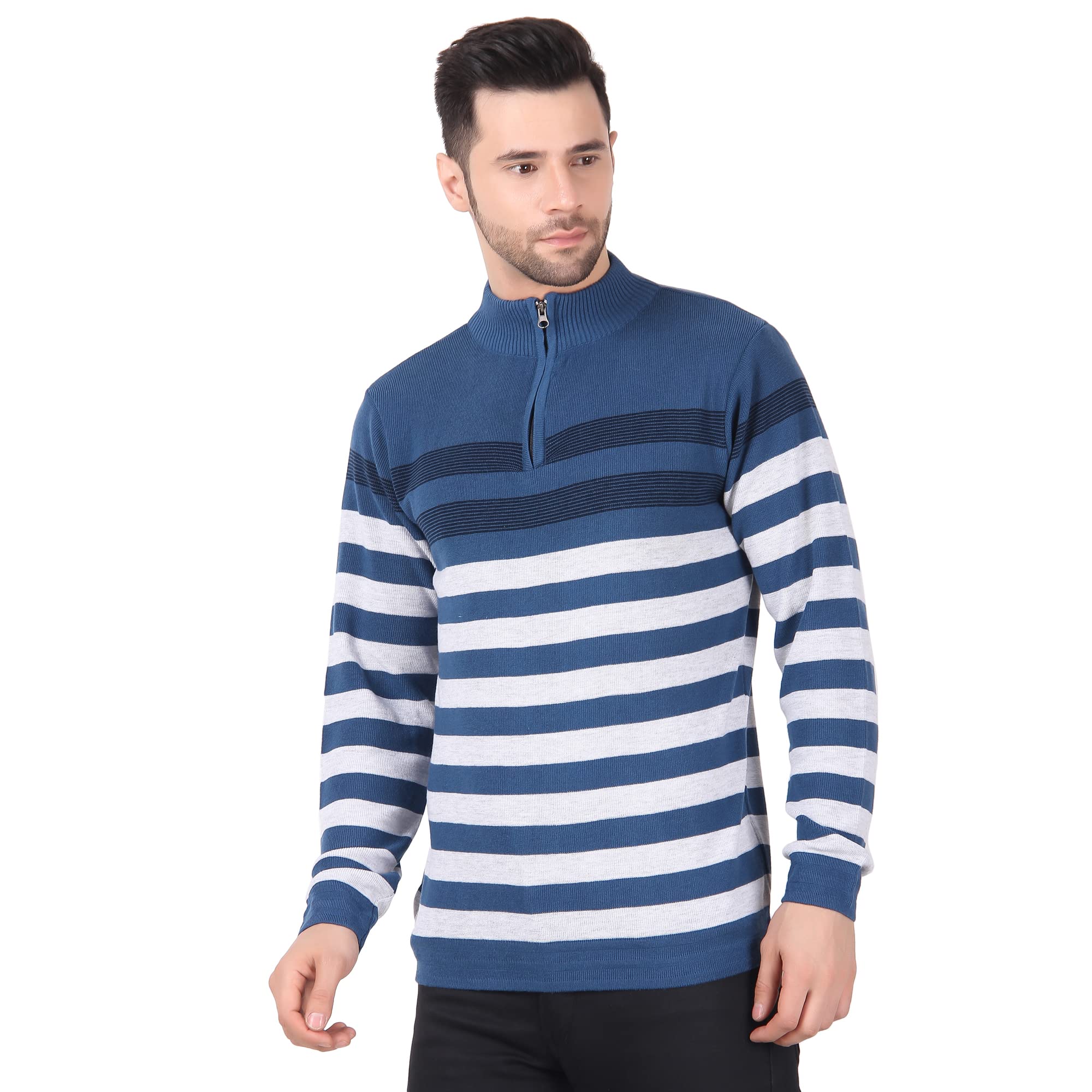williwrMen's Sweater Pullover with Halfzip Striped Designe Color Aqua Green and White