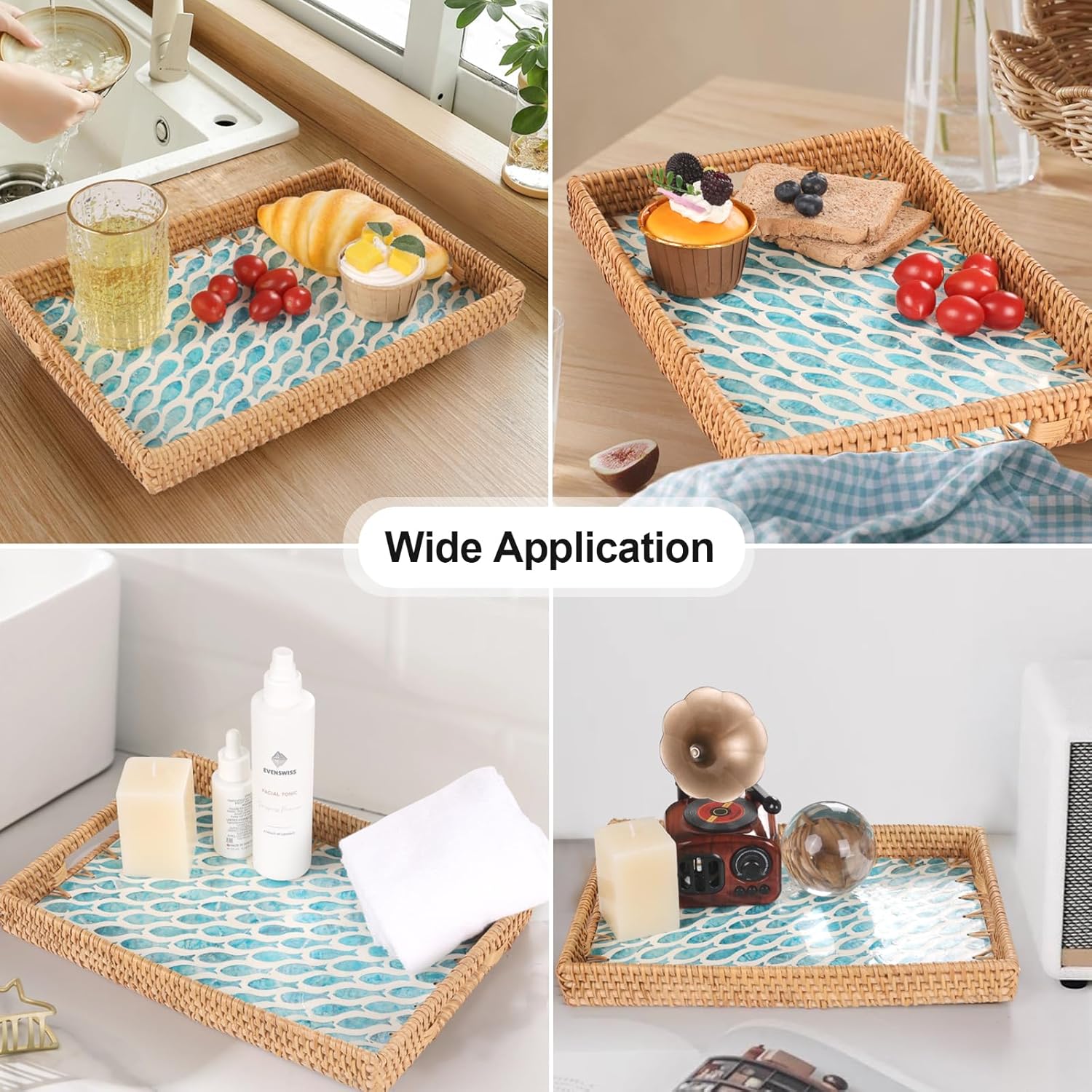 Rectangle Rattan Tray with Mother of Pearl Inlay, Rattan Serving Tray with Handle for Coffee, Bread, Fruits, Snacks, Decorative Wicker Tray for Table Decor (Rectangle Turquoise Fish, 13"×9") - Image 2