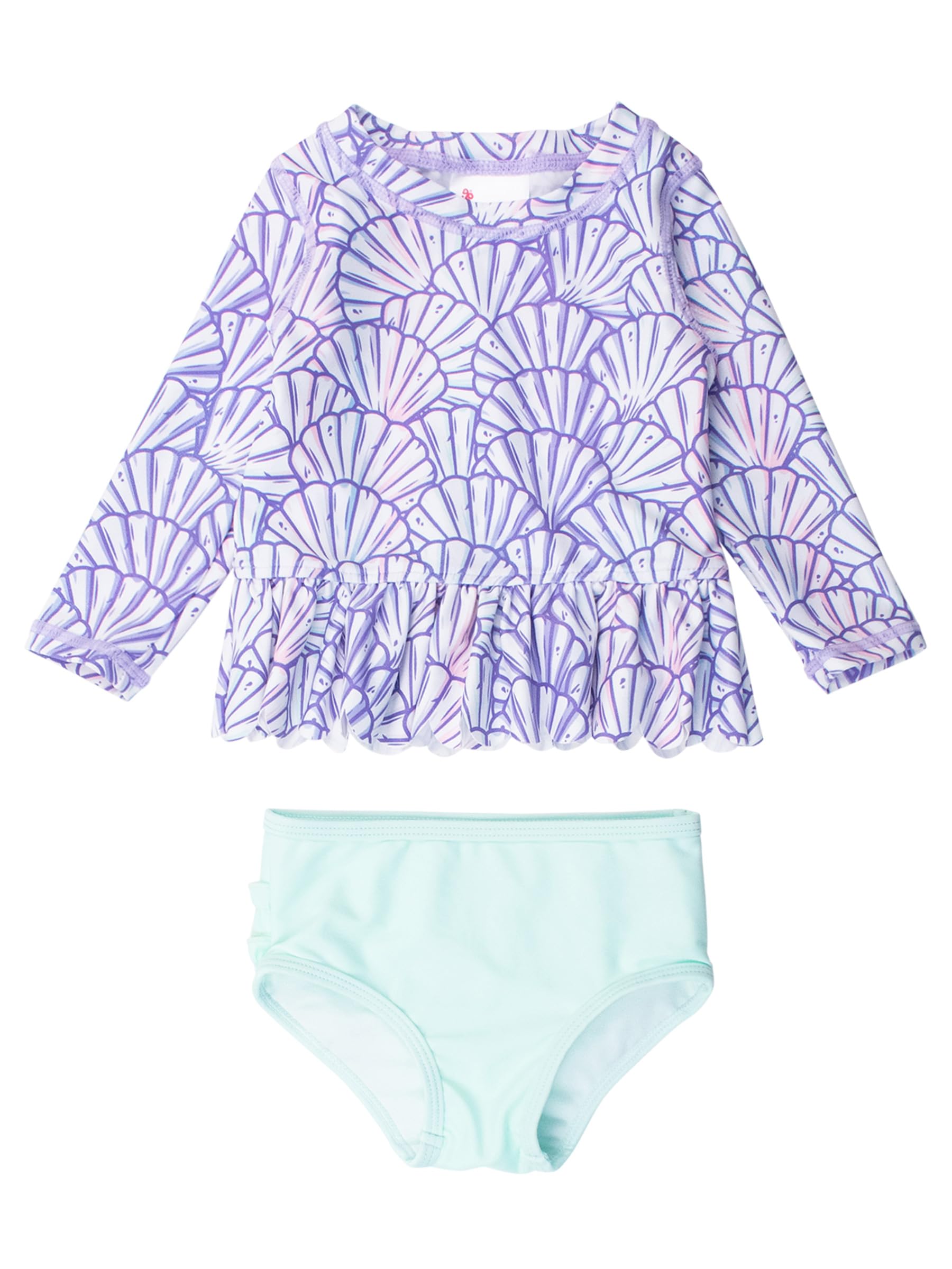 RuffleButts Baby/Toddler Girls Scalloped Long Sleeve Rash Guard 2-Piece UPF50+ Sun Protected Swimsuit