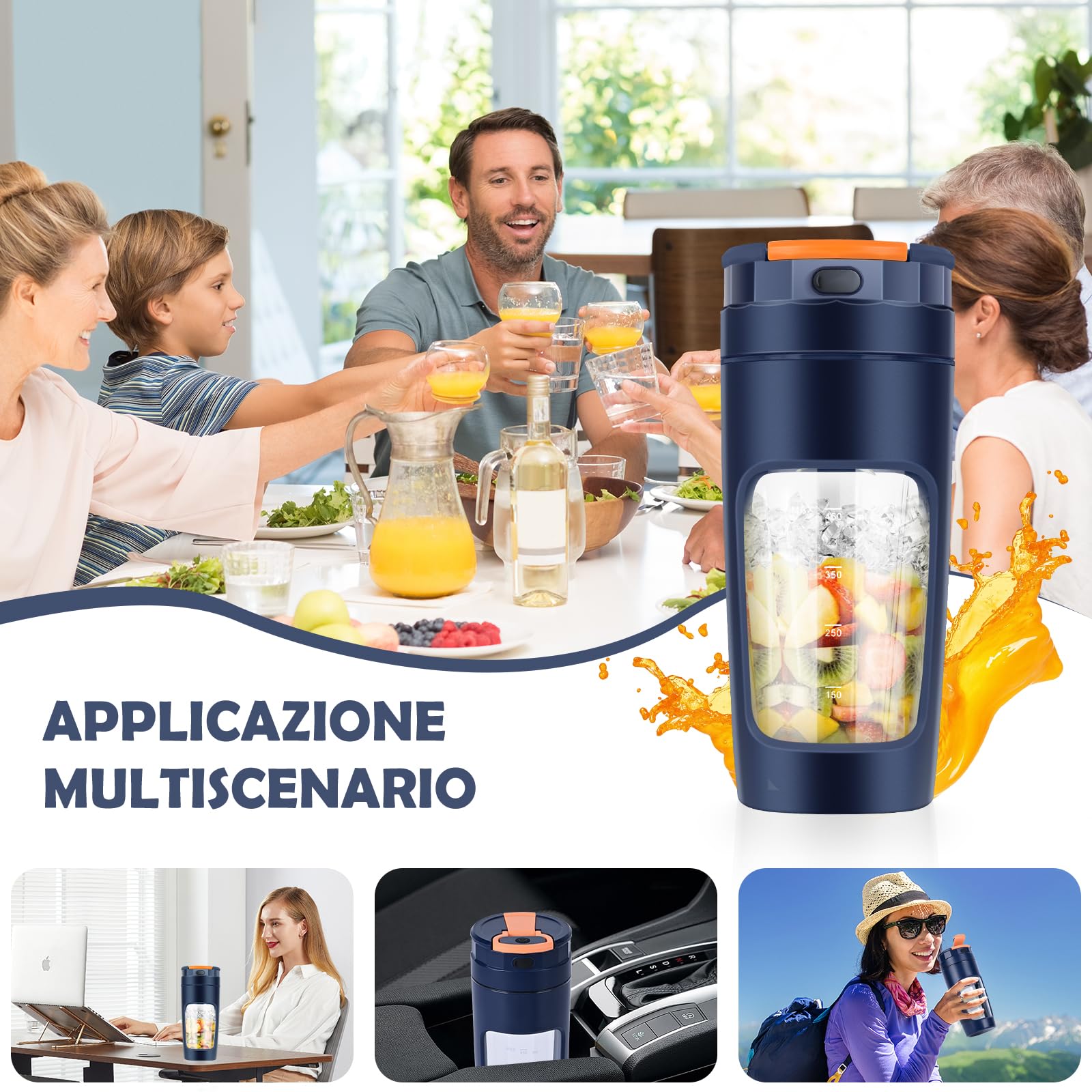 Lekki Przenośny Blender, ręczny mikser do owoców o pojemności 600 ml, mocny bezprzewodowy mini blender, z możliwością ładowania, smoothie, koktajle białkowe, kruszy lód i mrożone owoce (Niebieski)