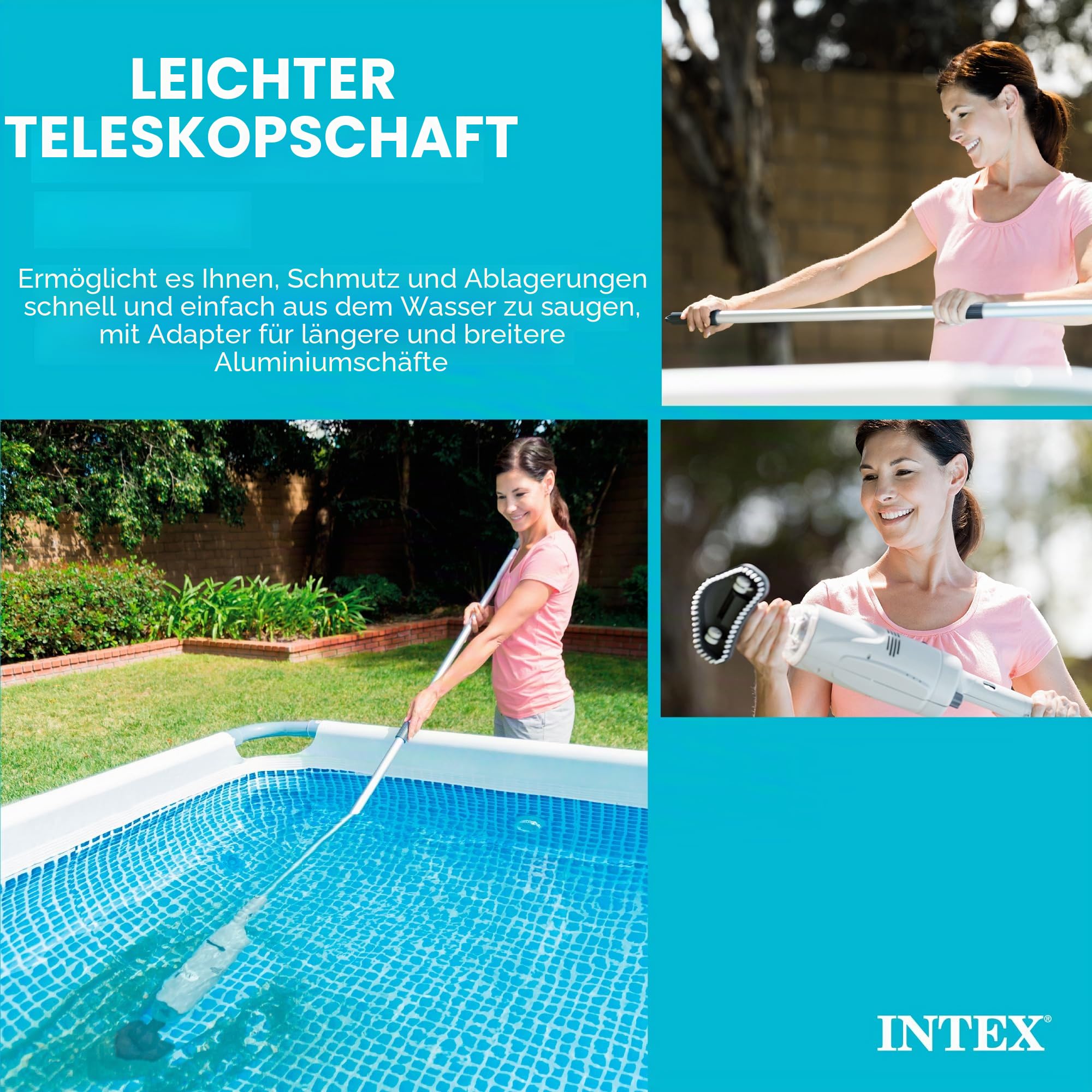 Intex Handstaubsauger, wiederaufladbar, 94 Zoll Teleskopschaft und 2 austauschbare Bürstenköpfe für oberirdisches Schwimmbad und Spa