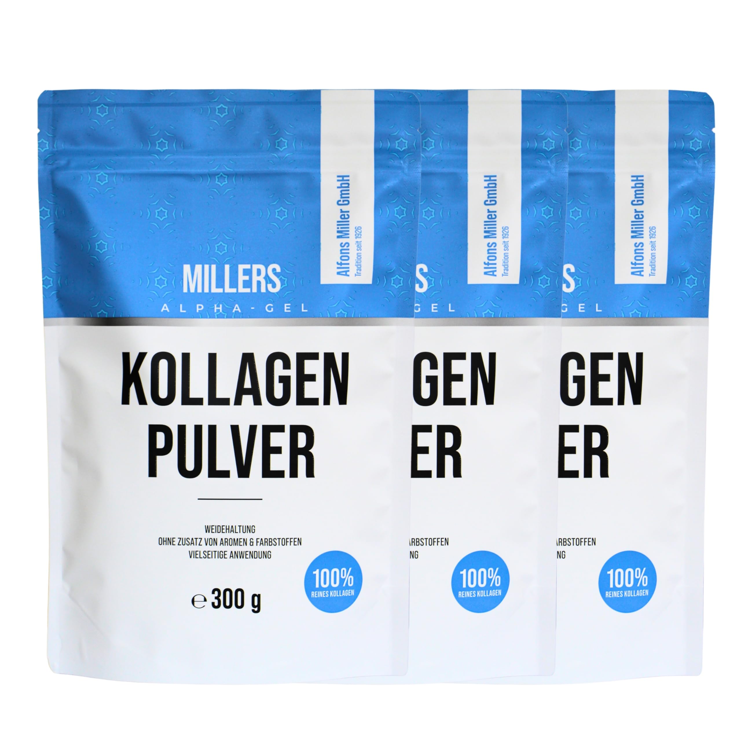 100% reines Kollagen Pulver – Kollagen Peptide – Collagen Protein – Millers Alpha-Gel 3 x 300 g – Ohne Zusatzstoffe – Geschmacksneutral – Alfons Miller – Deutsches Familienunternehmen
