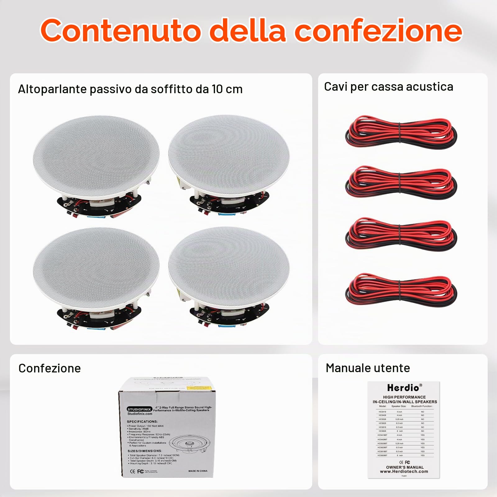 Herdio Altoparlanti da soffitto da 4 pollici Potenza massima 240 Watt Altoparlanti passivi da incasso a 2 vie Ideali per bagno, cucina, soggiorno, ufficio (1 paio)