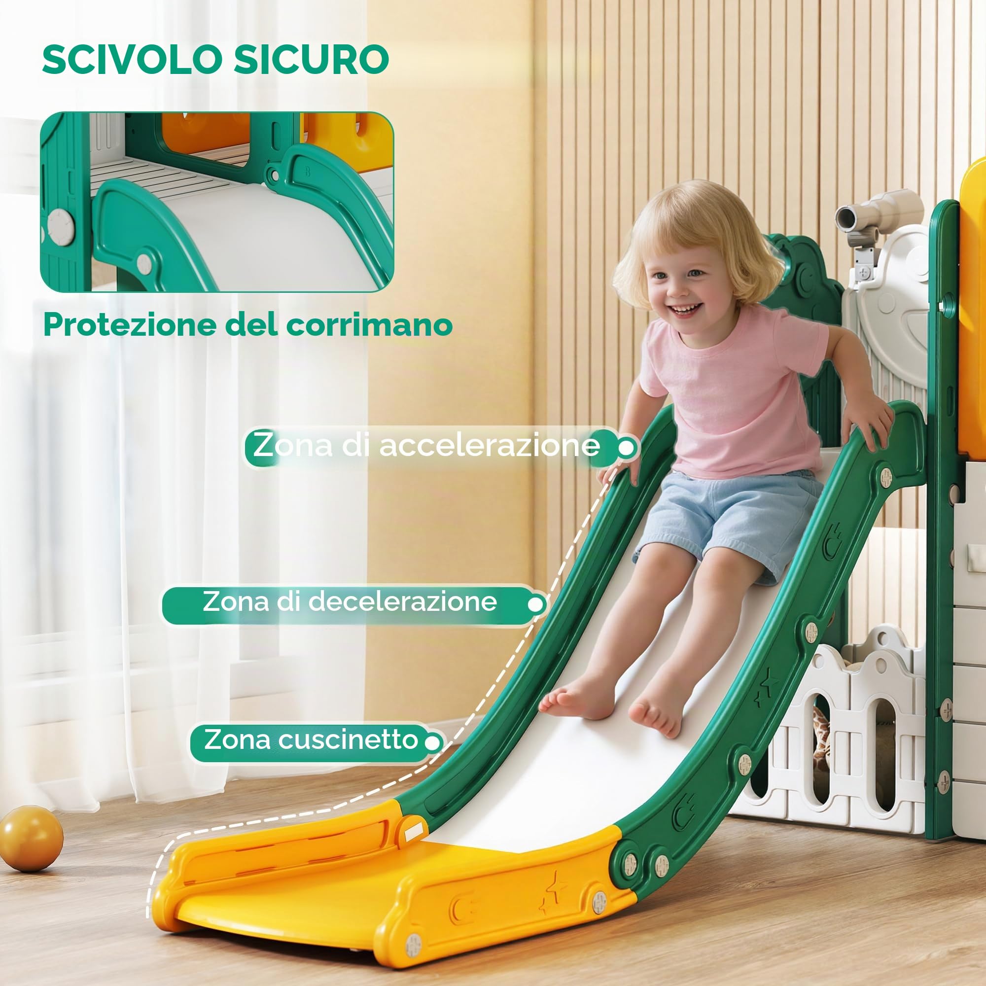 Qaba Scivolo 7-in-1 con Casetta, Scivolo per Neonati 1-4 Anni Giallo | Set Arrampicata, Canestro da Basket, Tunnel