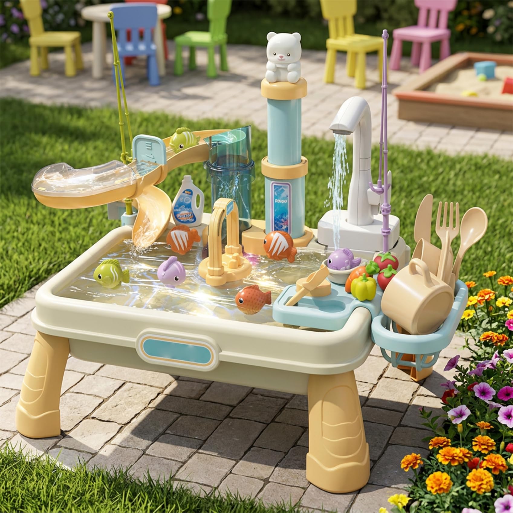 Mesa de Agua para niños, Mesa de Juegos de Agua con Fregadero eléctrico y Juego de Pesca, Juguete de Cocina para niños de 1 a 3 años con Accesorios, Color Beige