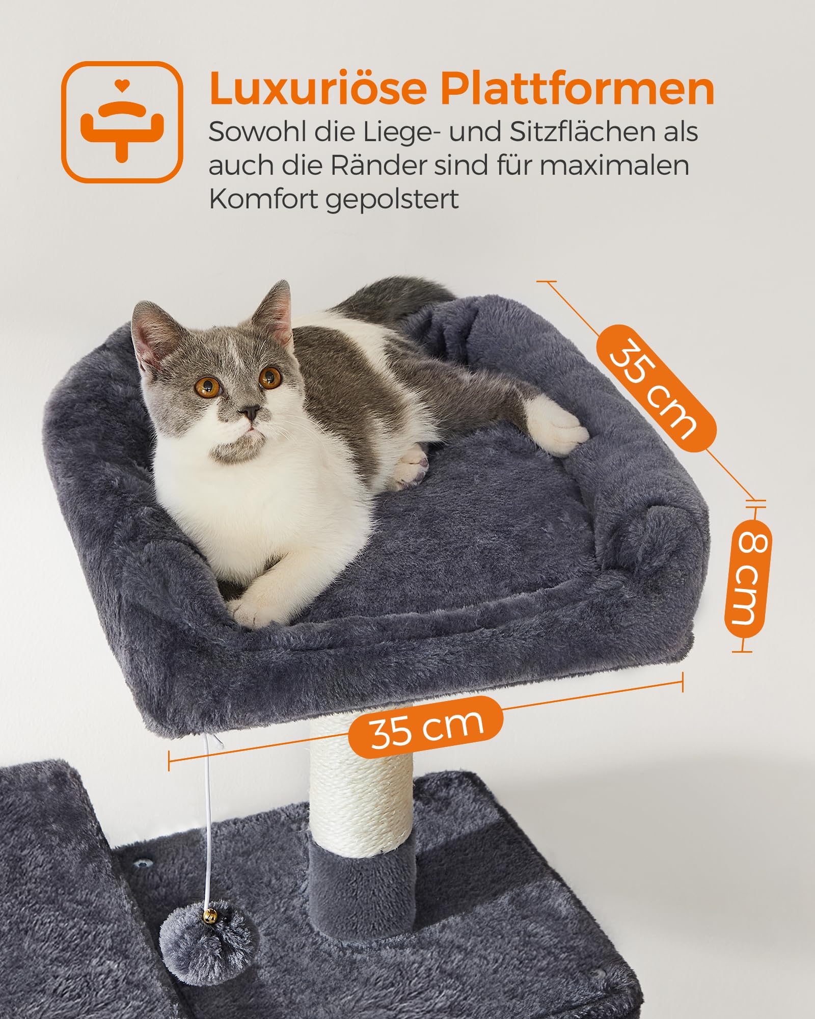 Feandrea Kratzbaum, 143 cm hoch, Katzenbaum, mehrstöckiges Katzenhaus, mit 4 Kratzsäulen, 2 Plattformen, Hängematte, Höhle, rauchgrau PCT161G01