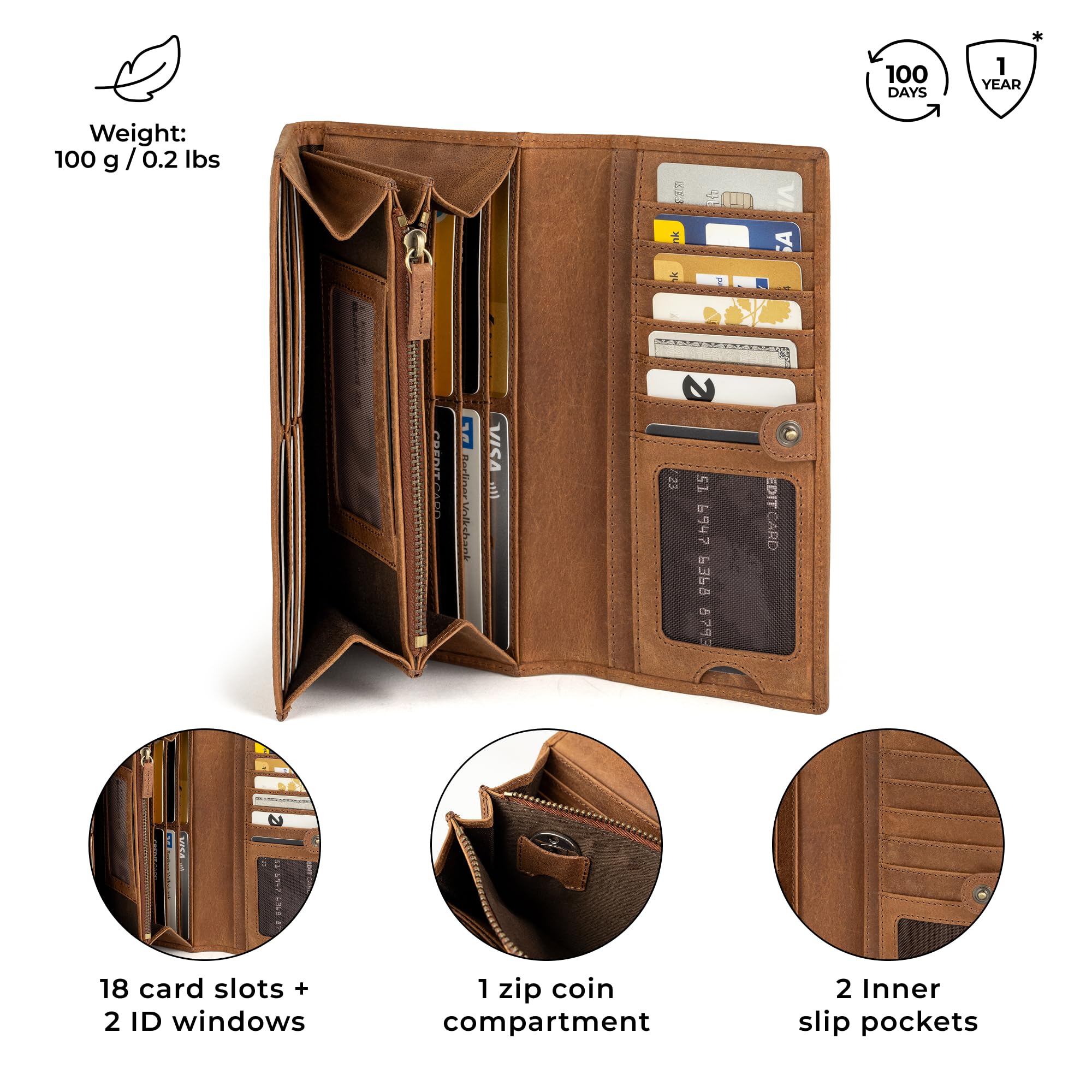 Berliner Bags Portafoglio Donna Pelle Iris, Grande Elegante con Portamonete, Porta Carte e Protezione RFID, Chiusura con Bottone – Marrone
