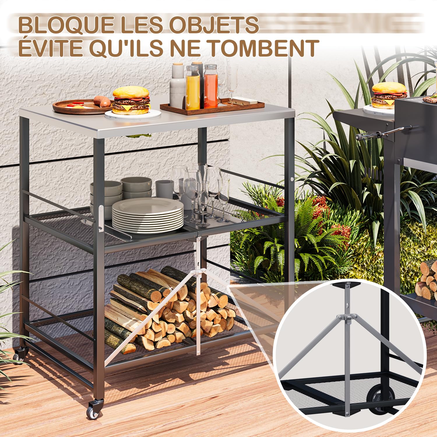 YODOLLA Desserte Plancha Exterieur,Desserte Jardin, Chariot de Barbecue 3 Niveaux,Table Pliable en Acier Inoxydable sur roulettes, Chariot de Repas Jardin et Support de BBQ Mobile, Argent