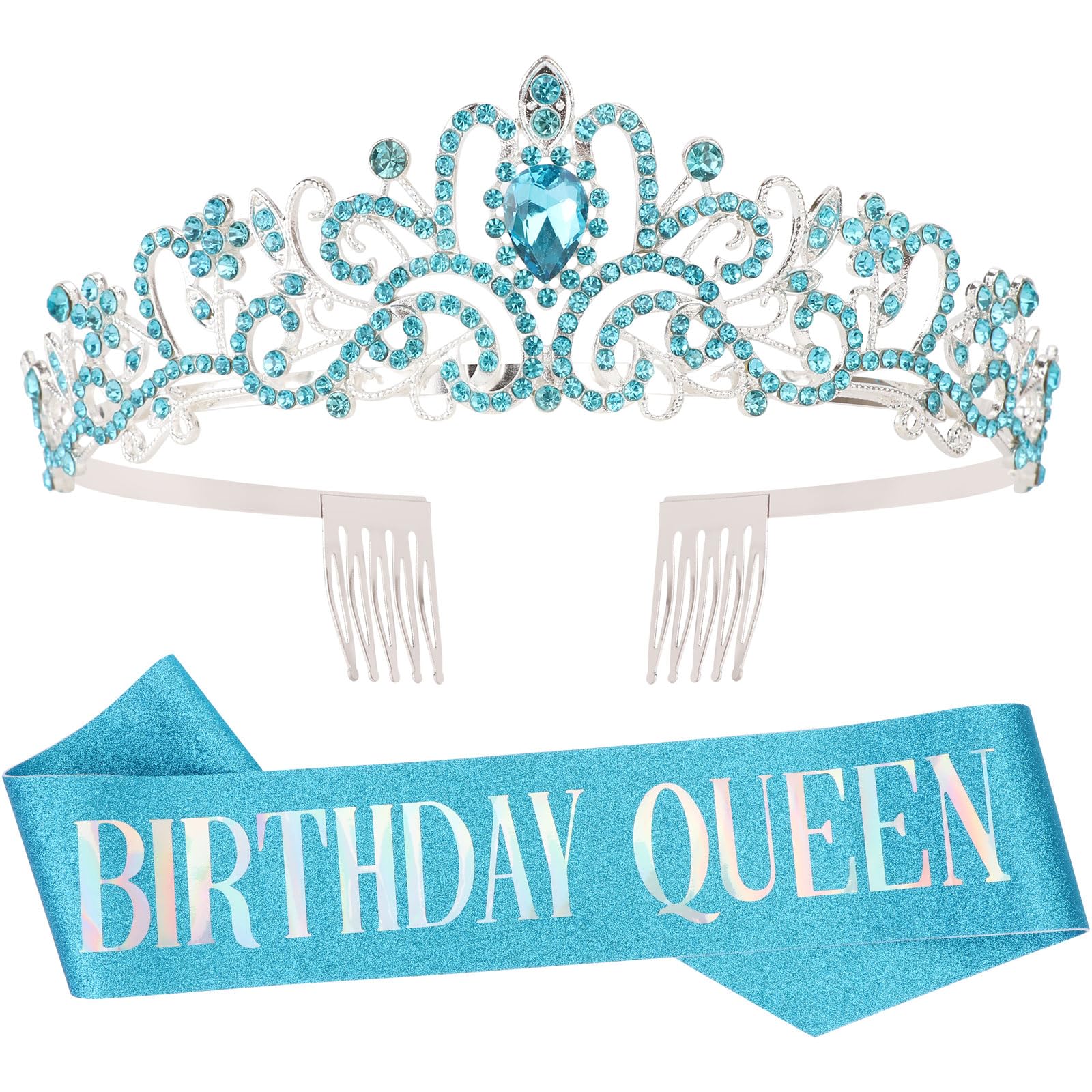 DRESHOW Birthday Crown and Sash Set - Queen Rhinestone Tiara for Women and Girls - Party Decorations Hair Accessories with Glitter Sash