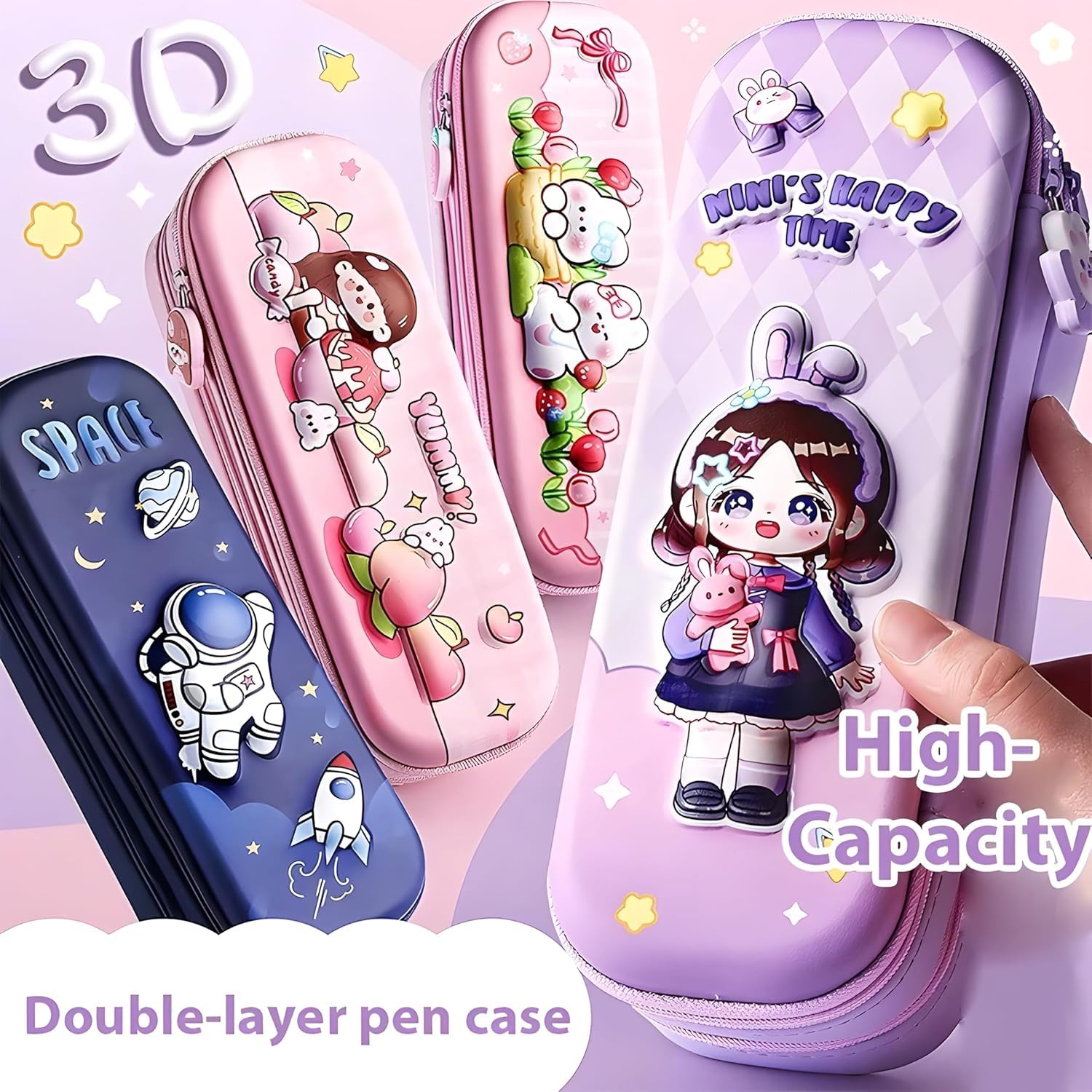 Umadiya Premium Double Layer Girl Pencil Case 3D Cover Eva Space Doll Theme Large Capacity Pencil Zipper Pouch Bag Compass School Organizer Students Kids Stylish Pen Holder Stationery Box(Girl) 3
