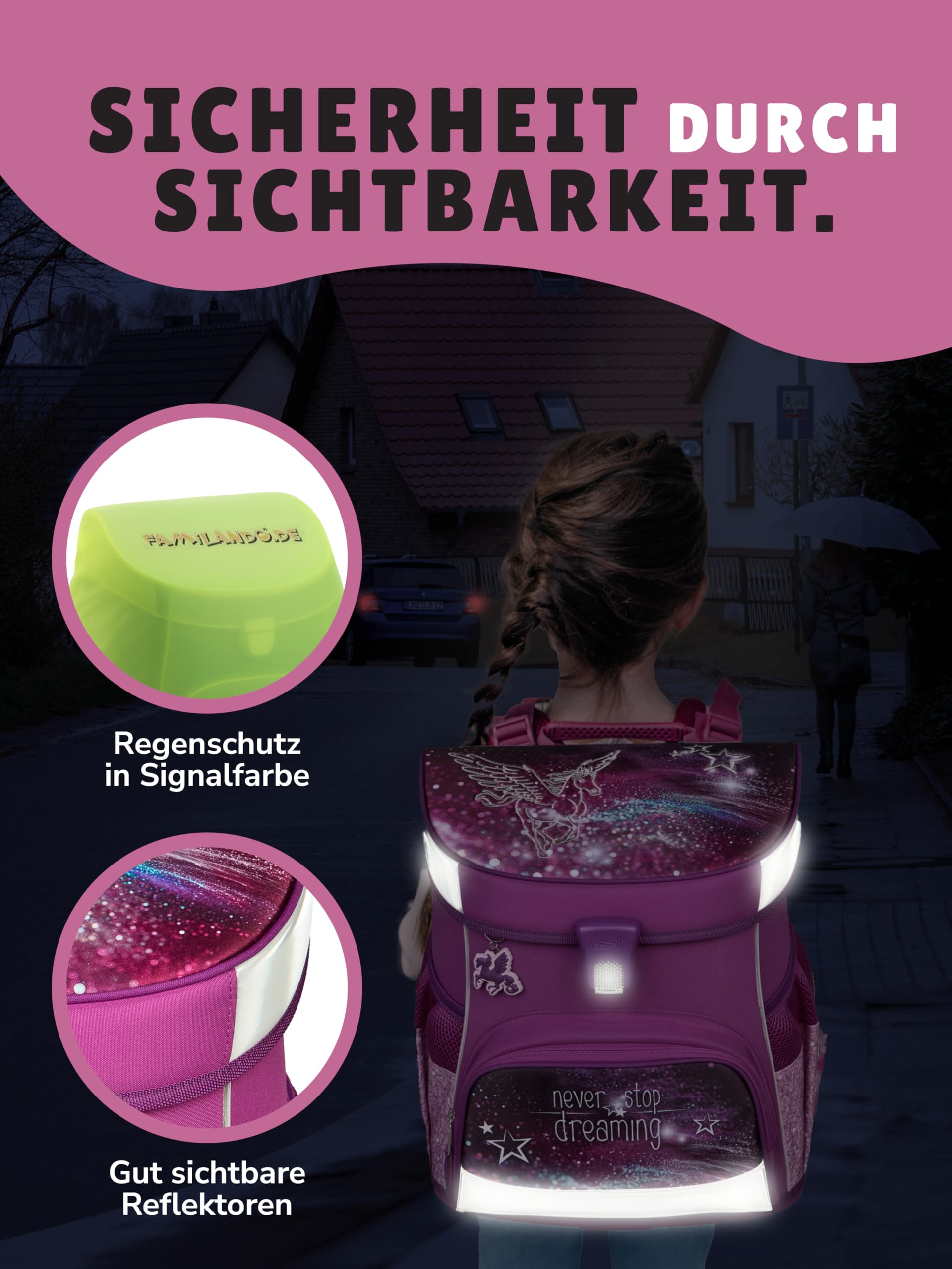 Familando - Scooli Campus Fit Schulranzen Set - 9-teilig mit Sporttasche - Pegasus Violett - Ergonomisch, Stabil & 980g leicht - 18L Volumen - Brustgurt & Reflektoren - Für Grundschule ab 1. Klasse