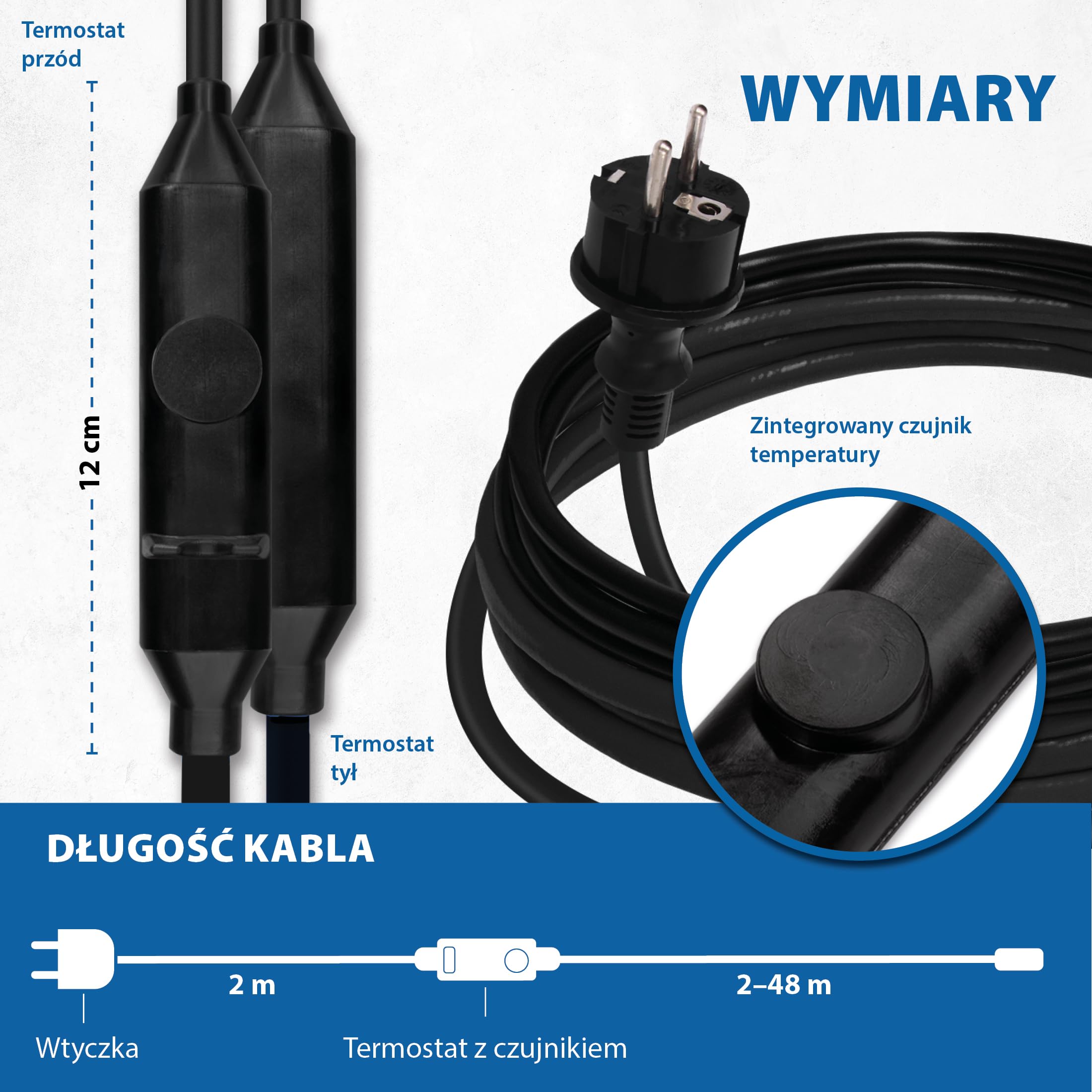 Kabel elektryczny przeciwzamrożeniowy 15 W/m – rury, przewody, zbiorniki – ogrzewanie towarzyszące, ogrzewanie odszraniające, kabel grzejny – długość 12 m z termostatem +5°C włączony / +15°C wyłączony