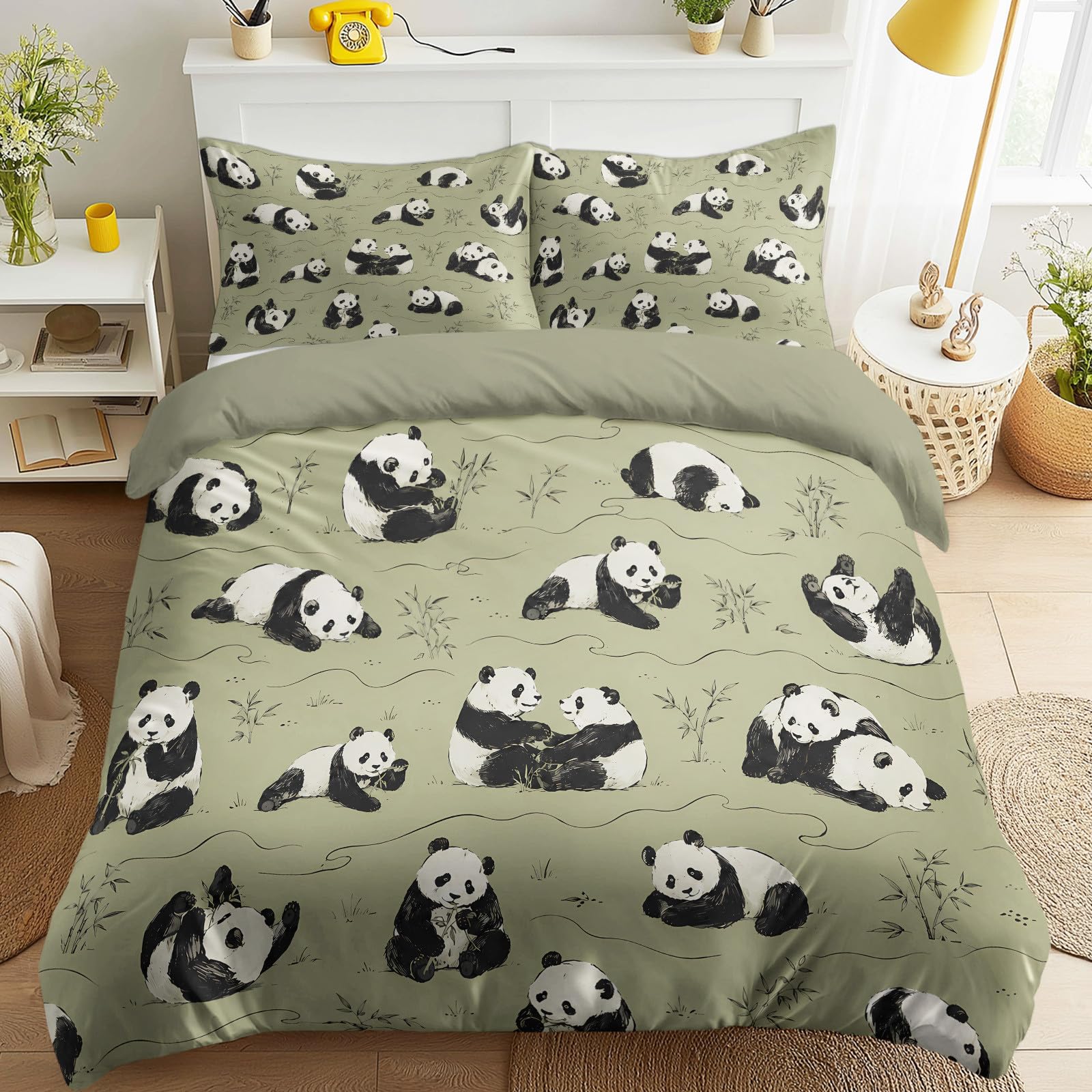 Zestaw pościeli z motywem zwierzęcym – zaprojektowany przez artystów cyfrowych – 200 x 200 cm + 2 x 80 x 80 cm, pościel bez substancji szkodliwych, panda słodka zabawa, przytulna, zielona, do sypialni