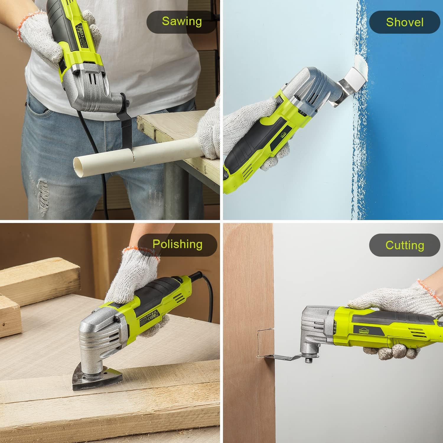 Multi-tool being used for sawing a PVC pipe