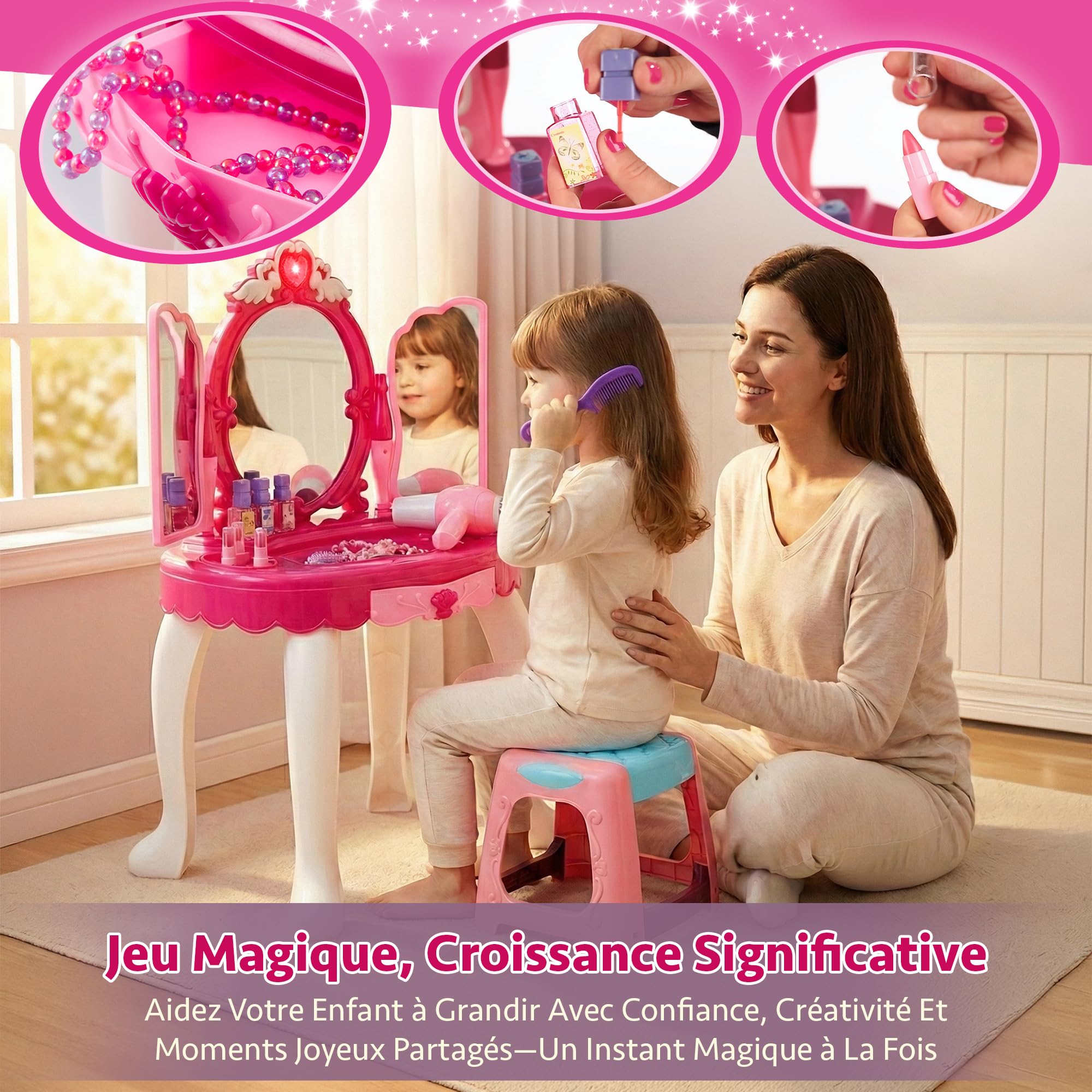Kinderplay Coiffeuse Enfant, Table de Maquillage - Fonction de Lumièreavec Tabouret, lumière et Son, Dimensions Coiffeuse Enfant Fille 50 x 32 x 72 cm, KP8846