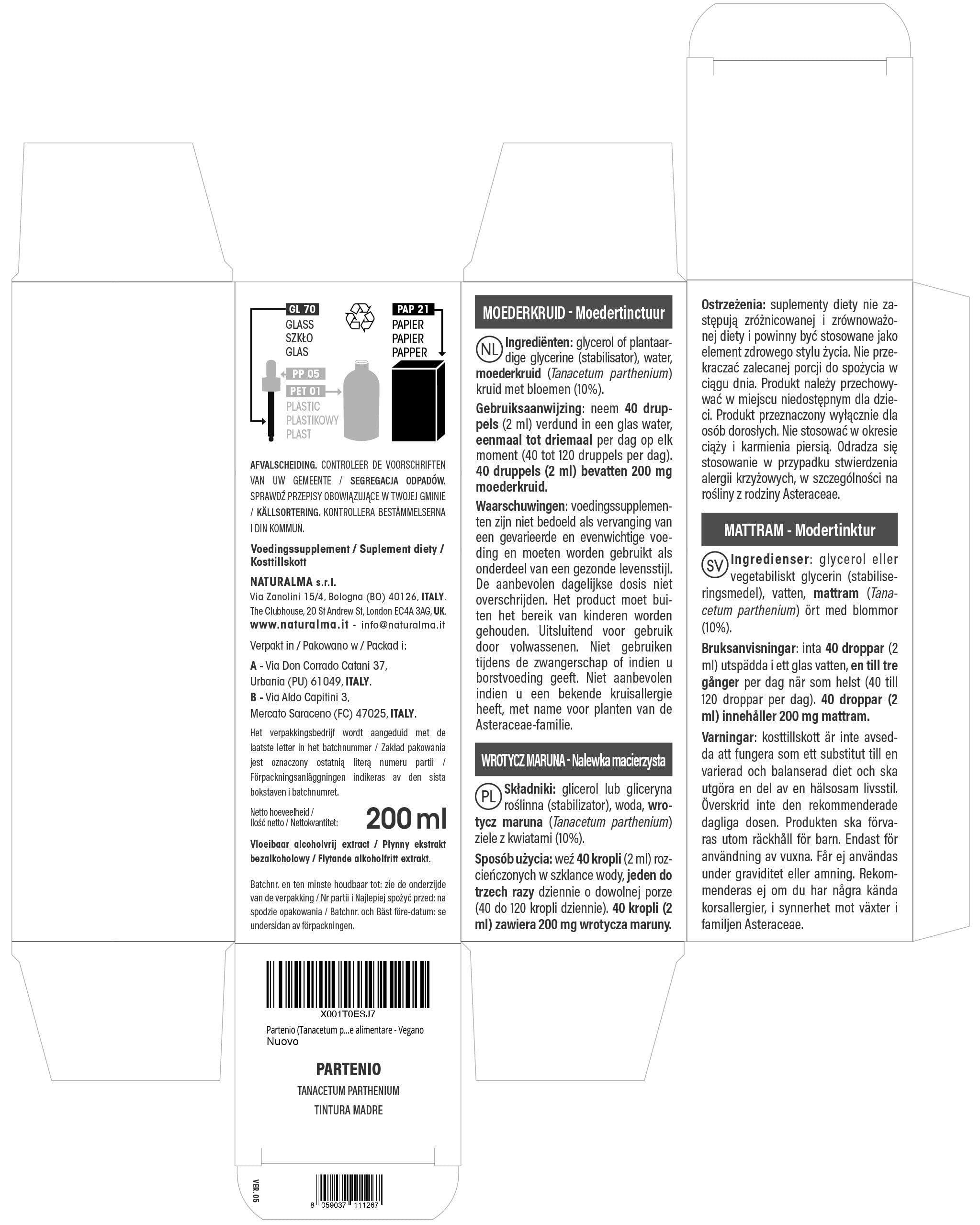Grande camomille ou Partenelle (Tanacetum parthenium) herbe avec fleurs Teinture Mère sans alcool Naturalma - Extrait liquide gouttes 200 ml - Complément alimentaire - Végétalien ou végan