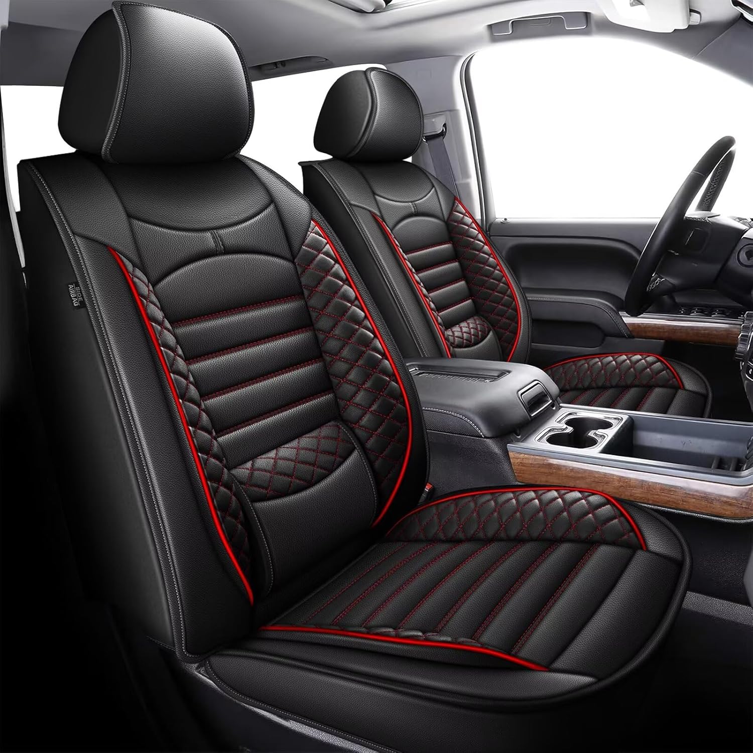 AOMSAZTO Seat Covers Custom Fit for 2019-2024 2025 Chevrolet Chevy Silverado GMC Sierra 1500 2500HD 3500HD Trail Boss Z71 Crew Double Extended Cab Leather Truck Car Seat Covers Full Set (Red Line) Red Line 5 Seats?2019-2025?
