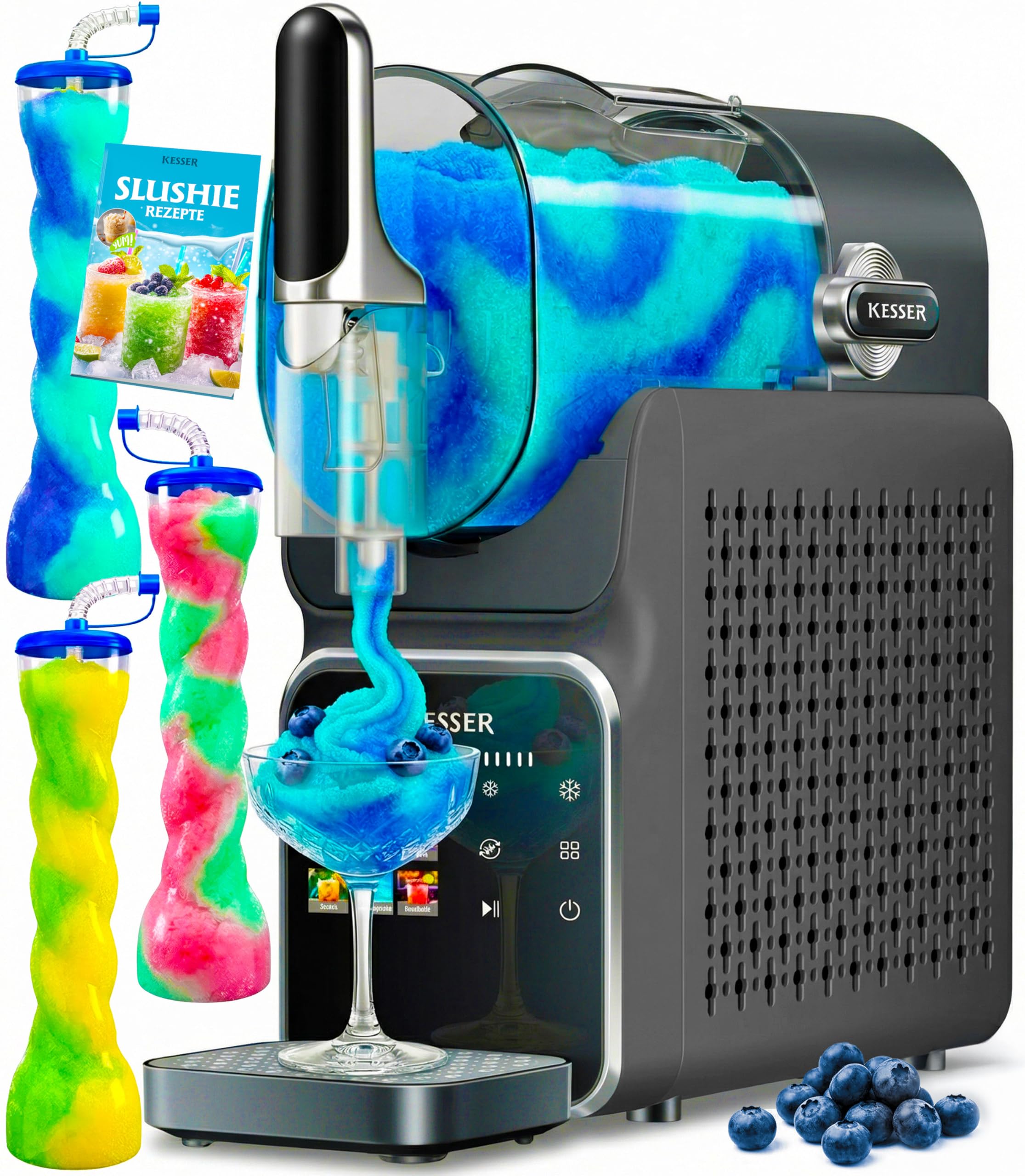 KESSER® Slush Maschine für zu Hause - Slush Ice Maker 2L - für Slush, Eis-Cocktails, Frappés, Milchshakes & gefrorenen Saft - in 25 min & mit 6 Programmen - inkl. 3x Becher & Rezeptbuch, Anthrazit