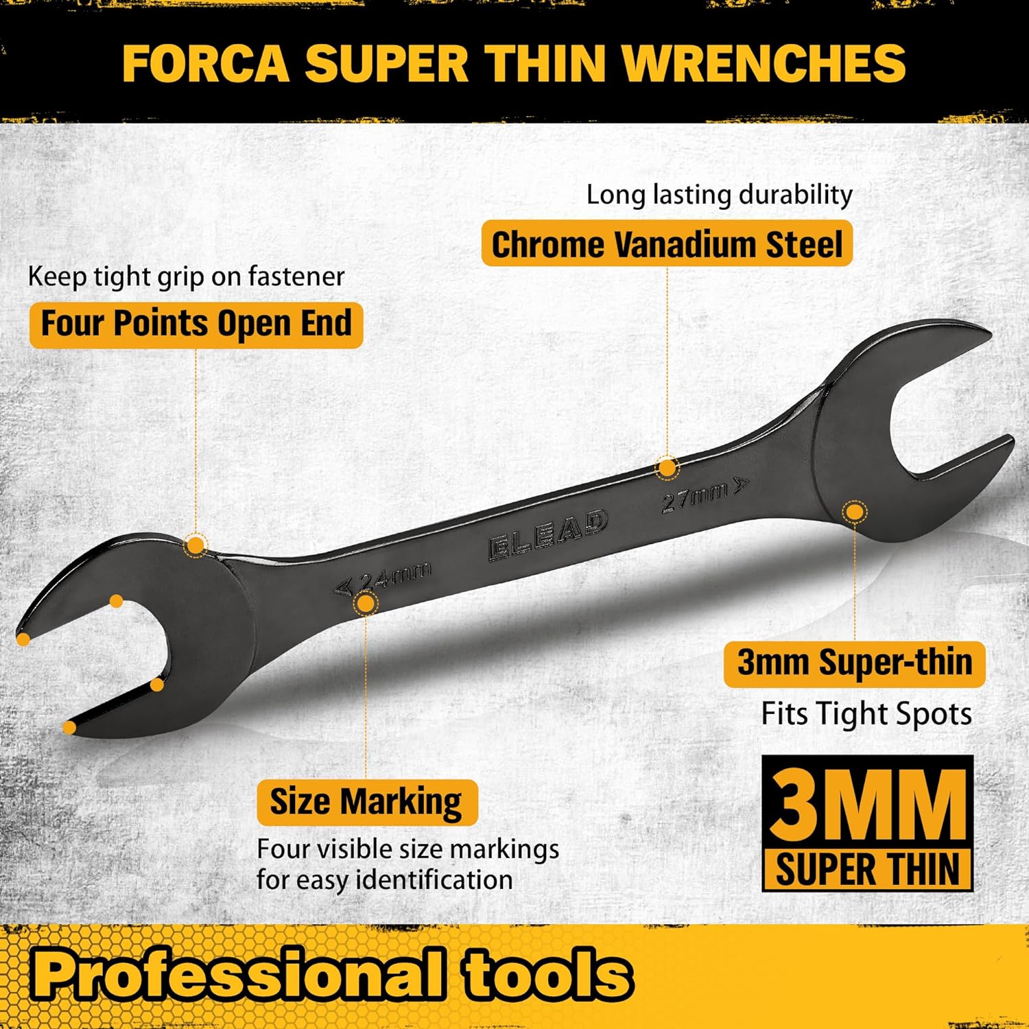 ELEAD 10-Piece Super-Thin Open End Wrench Set, Metric 5.5-27mm, CR-V Nickel Plated, 3 mm Thickness for Tight Spaces, 5.5, 7, 8, 9, 10, 11, 12, 13, 14, 15, 16, 17, 18, 19, 20, 21, 22, 23, 24, 27mm