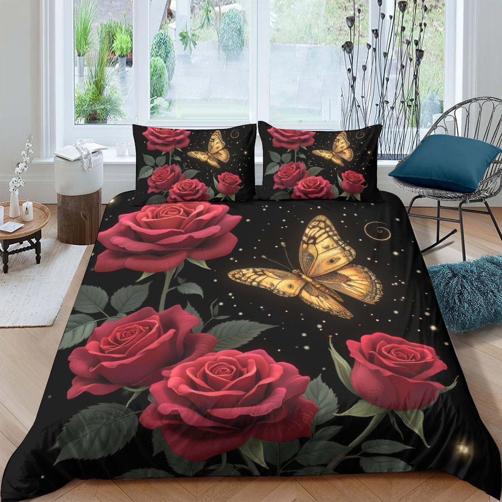 Ctjqhvkz Style-5 3D Printed Red Rose Fitted Sheet Microfiber Soft Breathable Golden Butterfly Mattress Cover For Bedroom Dorm Decor Single（135X200cm）