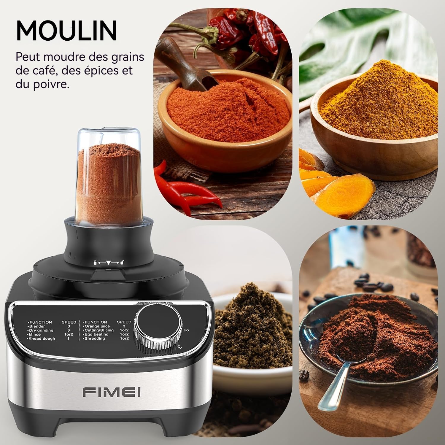FIMEI Robot Cuisine Multifonctions 1300W, 3 Vitesses et Fonction Pulse, 3,5L Hachoir, 1,5L Mixeur, Moulin, Presse Agrumes, Pétrin à Pâte, Fouet, Râpe, Disque Tournant, Sans BPA