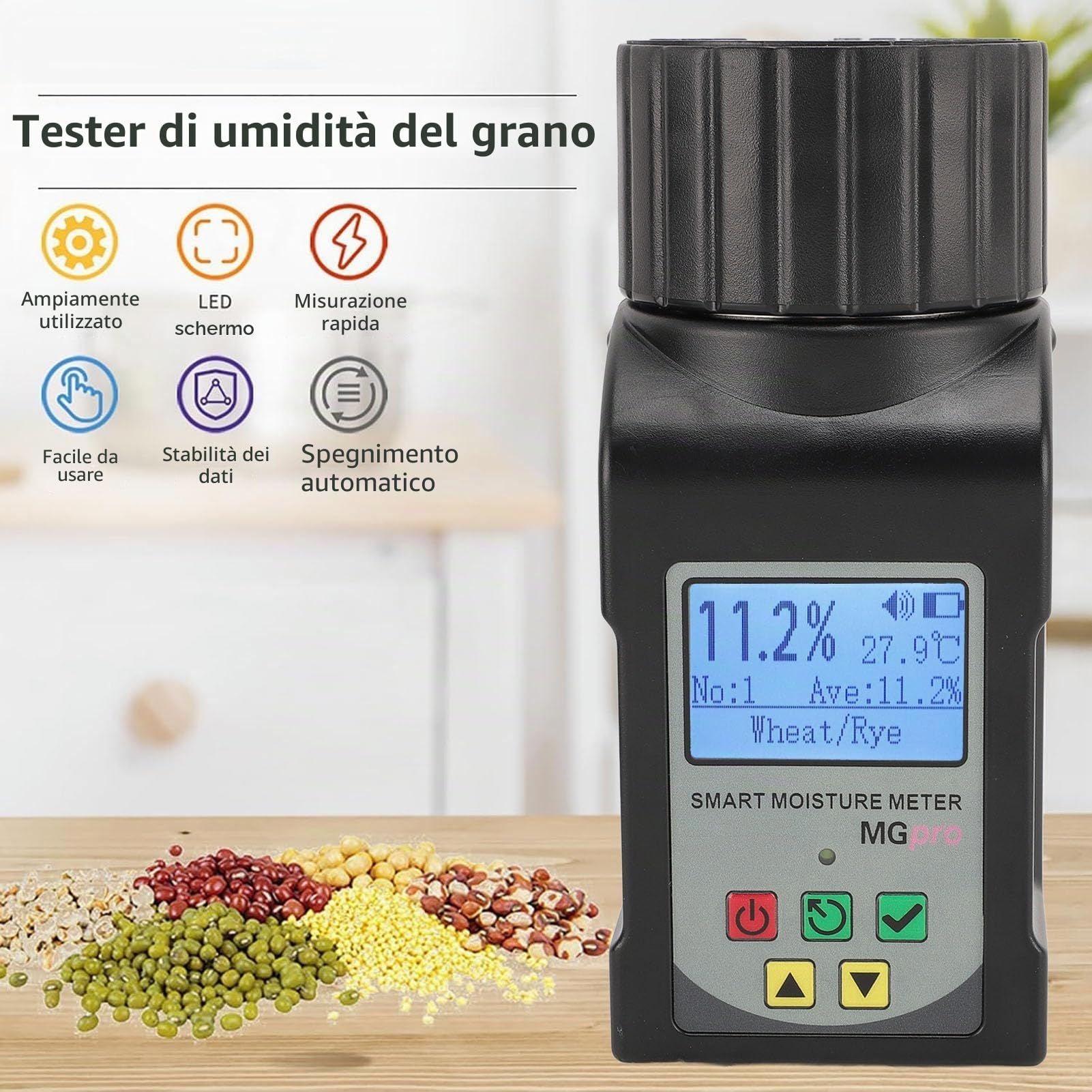 Tnfeeon Tester per Cereali con Display LCD Portatile Mini Misuratore di umidità per Cereali per caffè, Cacao, Riso, Grano, 25 Tipi