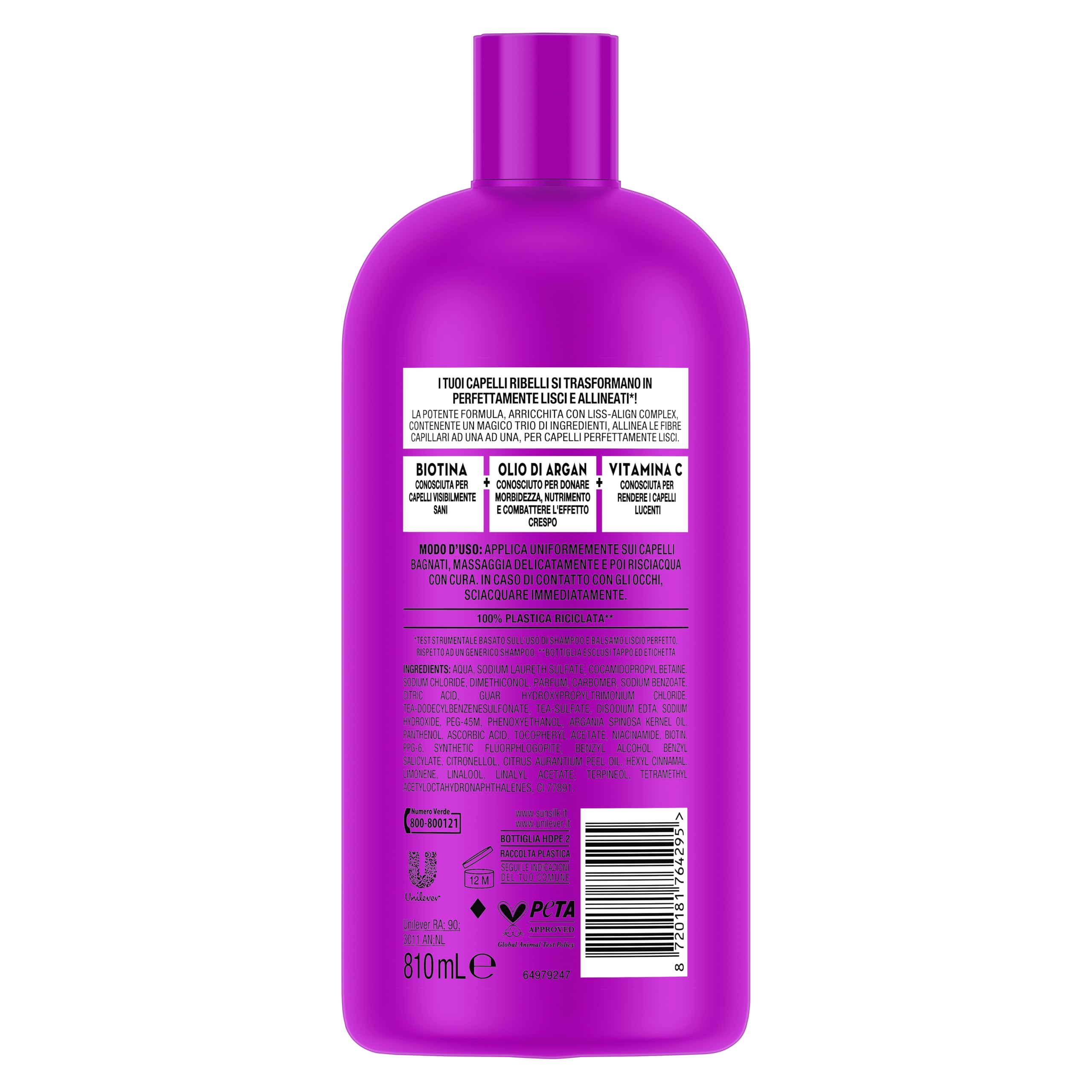 Sunsilk, Shampoo Liscio Perfetto, Shampoo per Capelli Lisci e Disciplinati, Formula Arricchita con Liss-Align Complex con Biotina, Olio di Argan e Vitamina C Formato XXL 810ml