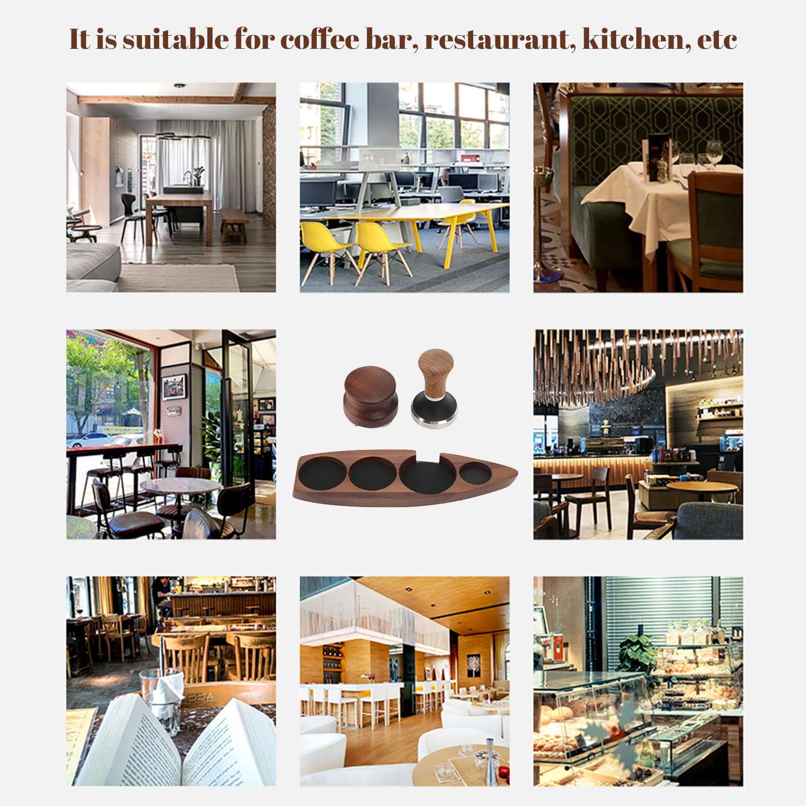 3-teiliger Kaffee-Manipulationshalter, Walnussholz-Gummi-Edelstahl-Bootsförmiger Verteilerständer, Premium-Kaffeezubehör mit Tamper und Verteiler für Barista, Kaffeebar, Küche (Für 51/53-mm-Basis,