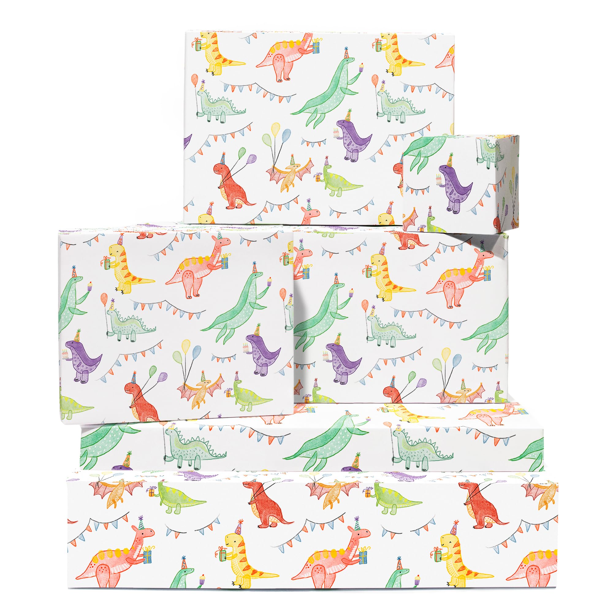 Boy Wrapping Paper Birthday - 6 Sheets Of White Gift Wrap - Dino Party Pattern - Dinosaur Wrapping Paper For Kids Boys Girls - Recyclable - By Central 23