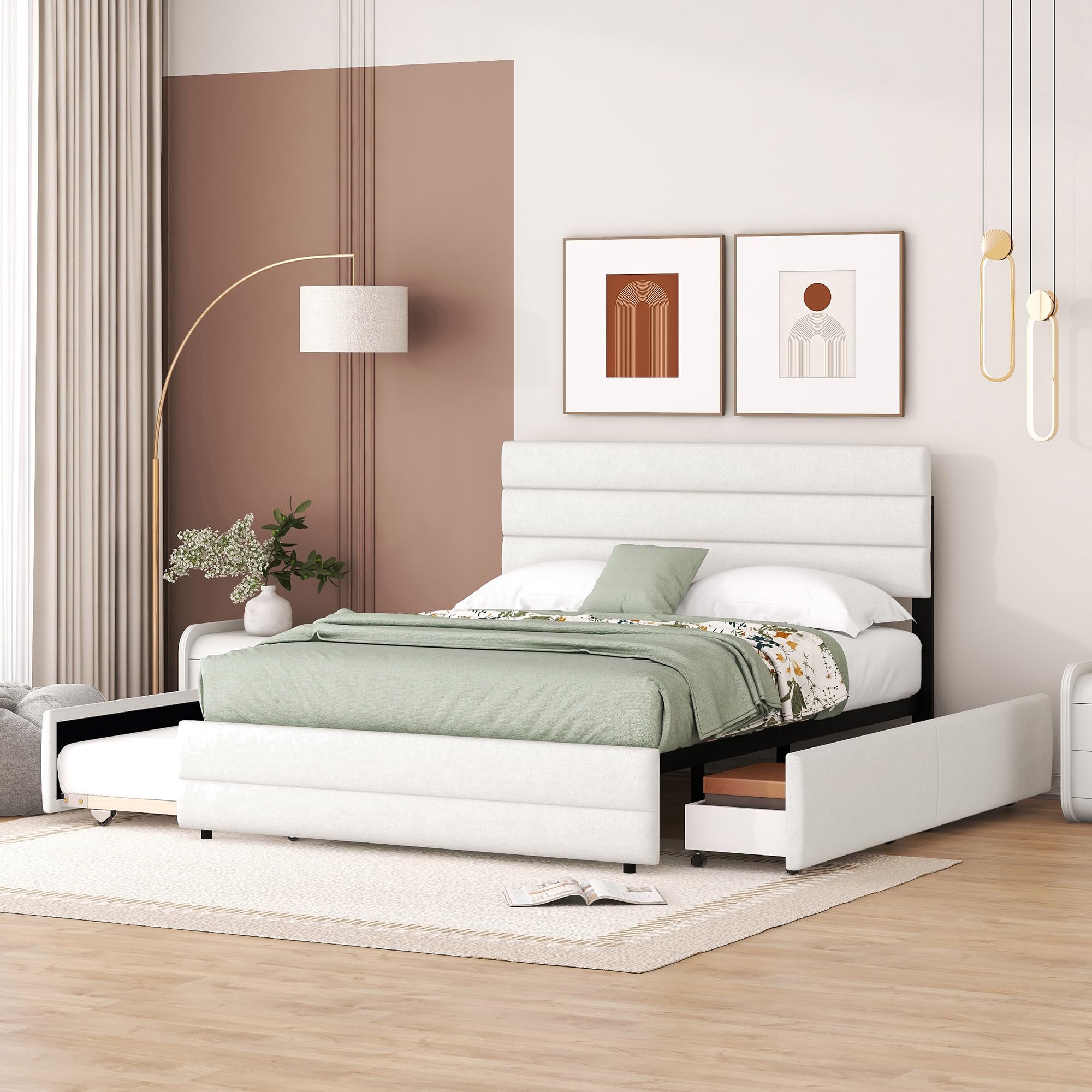 Platform Bed with Storage Machine for Two and Two Drawers, Beige, 140x200 cm