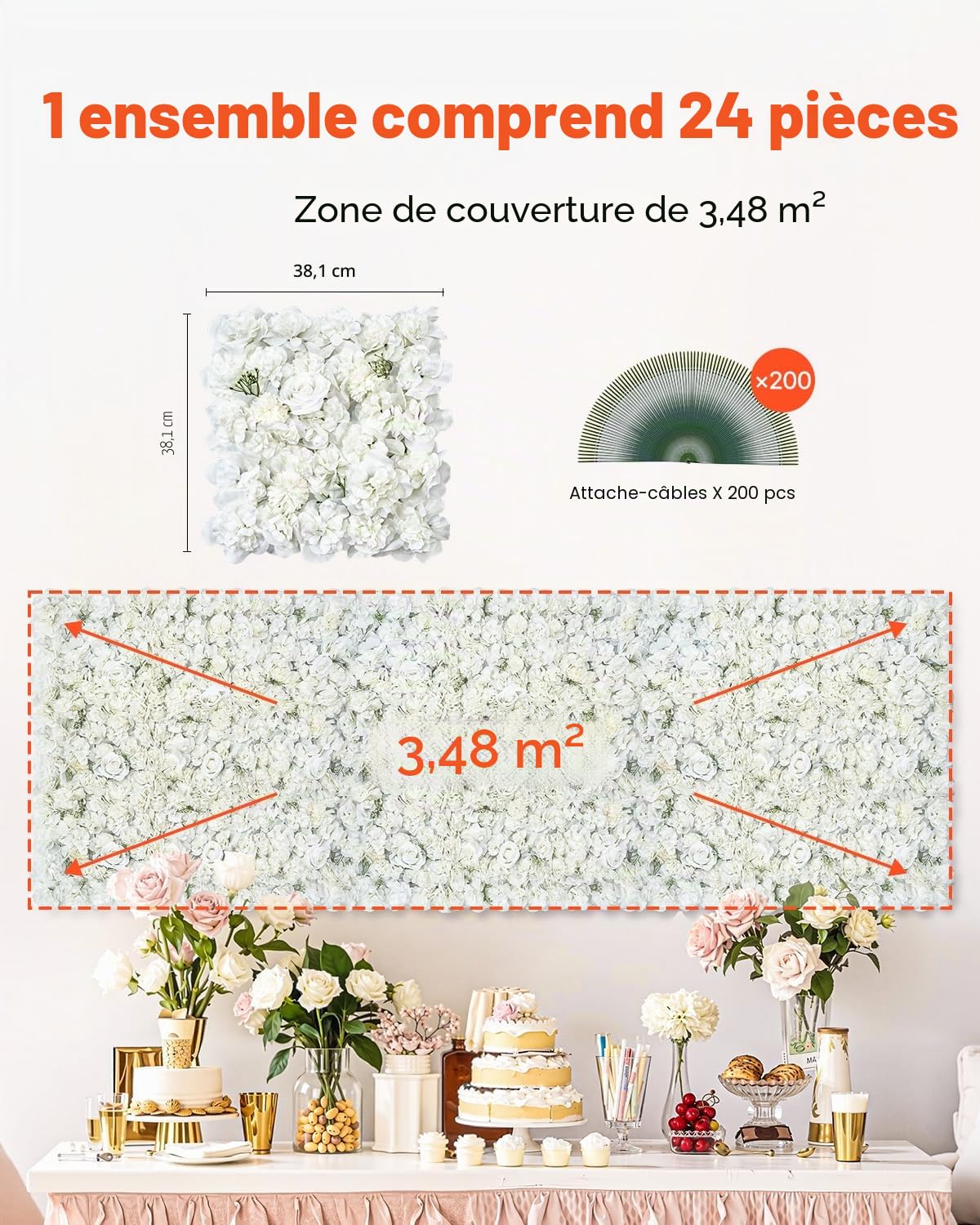 VEVOR Panneau Mural Décoratif Floral, 24 PCS, Mur à Fleurs Artificielles 3D, 38x38 cm, Conception Sans Couture Installation Facile pour Mariage, Saint-Valentin, Fête Prénatale, Décoration Fond, Blanc