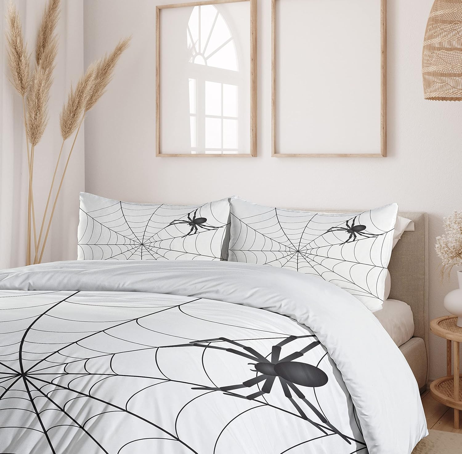 Ambesonne Halloween Duvet Cover Set, Gothic Elements Creepy Scary Dangerous Spider Sticky Catch Trap Style, Decorative 3 Piece Bedding Set with 2 Pillow Shams, Queen Size, Charcoal Grey