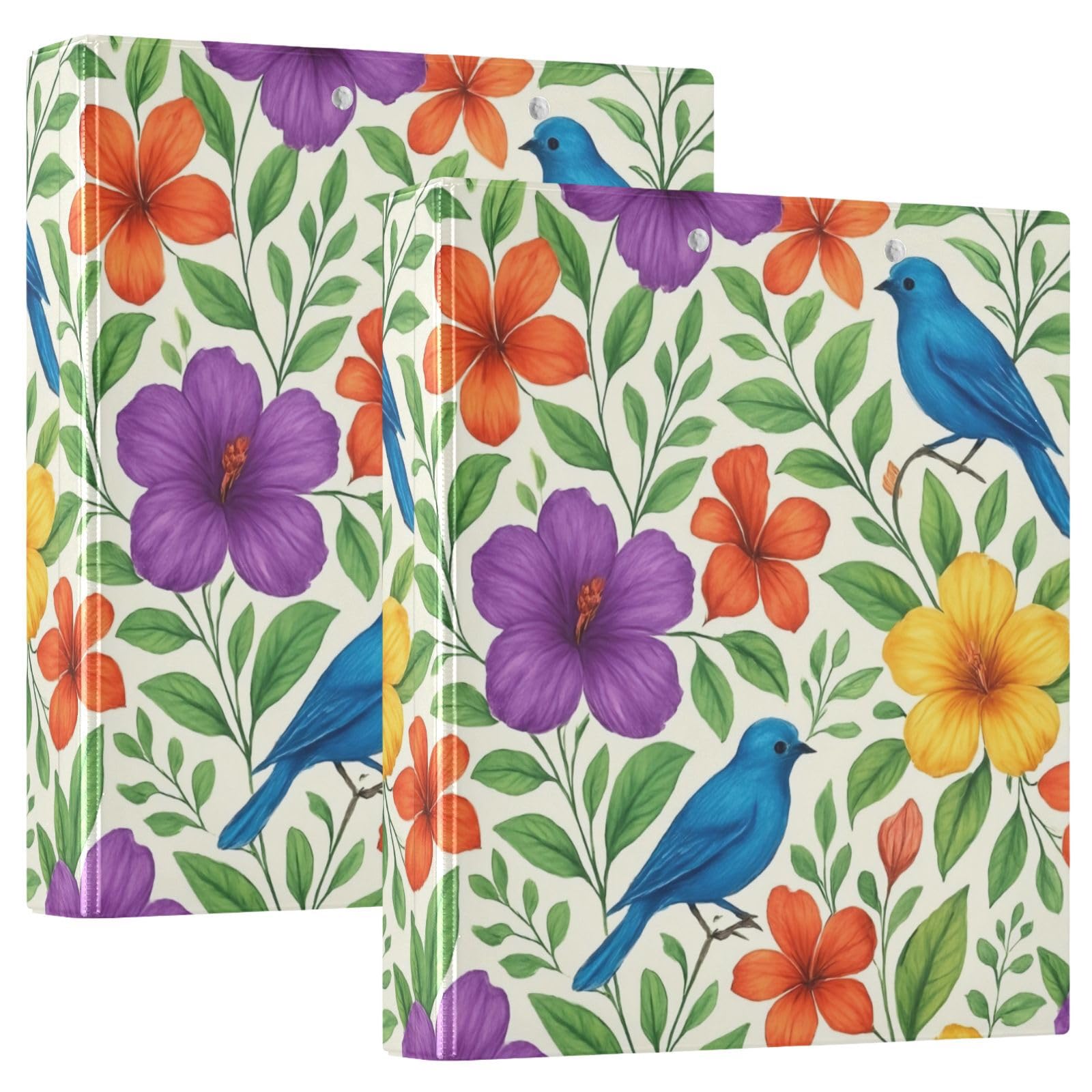 Carpeta de 3 anillas, flores tropicales, hojas verdes, carpeta de anillos en D, paquete de 2 | Con portapapeles y bolsillos, para escuela, universidad, oficina