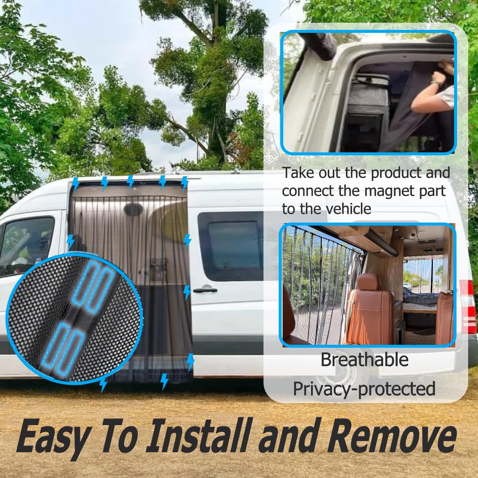 Moustiquaires pour Portes Latérales Voiture pour VW T6, Magnétique Moustiquaire Pare Soleil Camionnette Résistant Aux UV Moustiquaire Rideau de Séparation Amovible avec Sac De Rangement